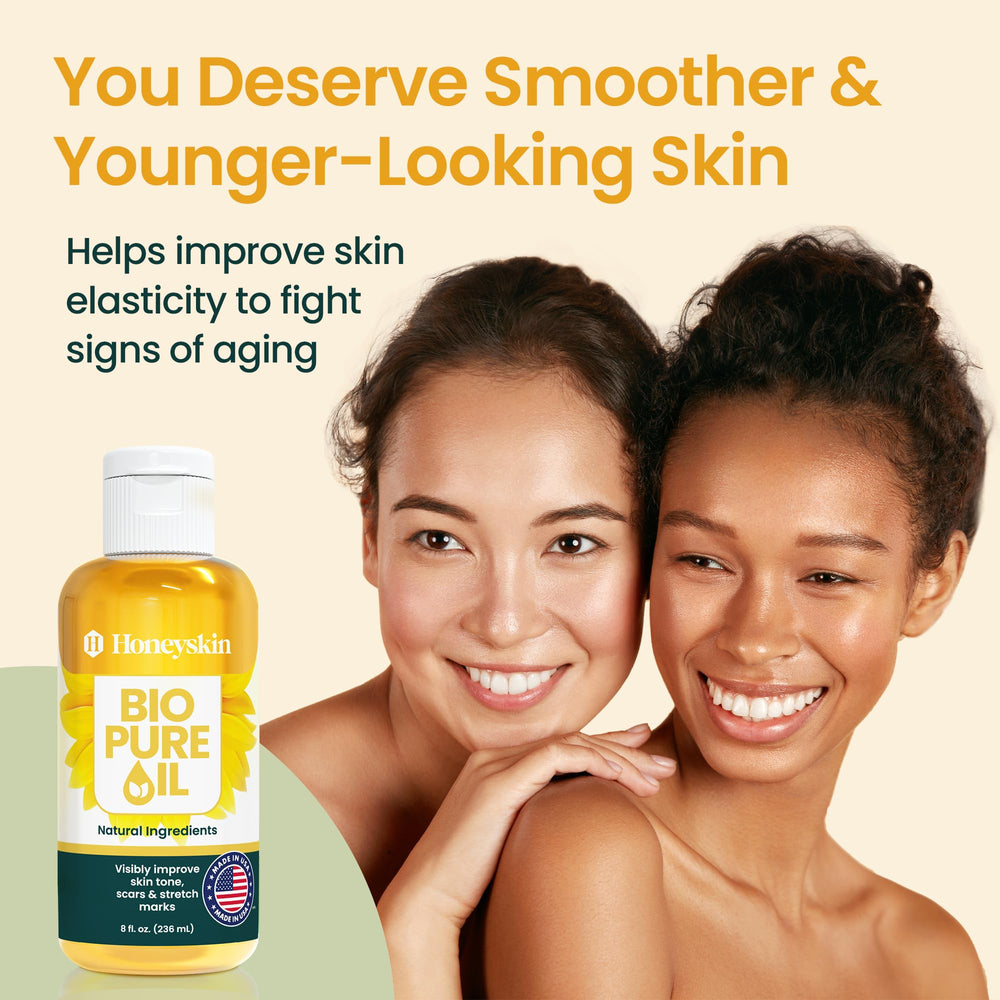 Honeyskin Bio Pure Body Oil texture closeup shows non-greasy hydration.