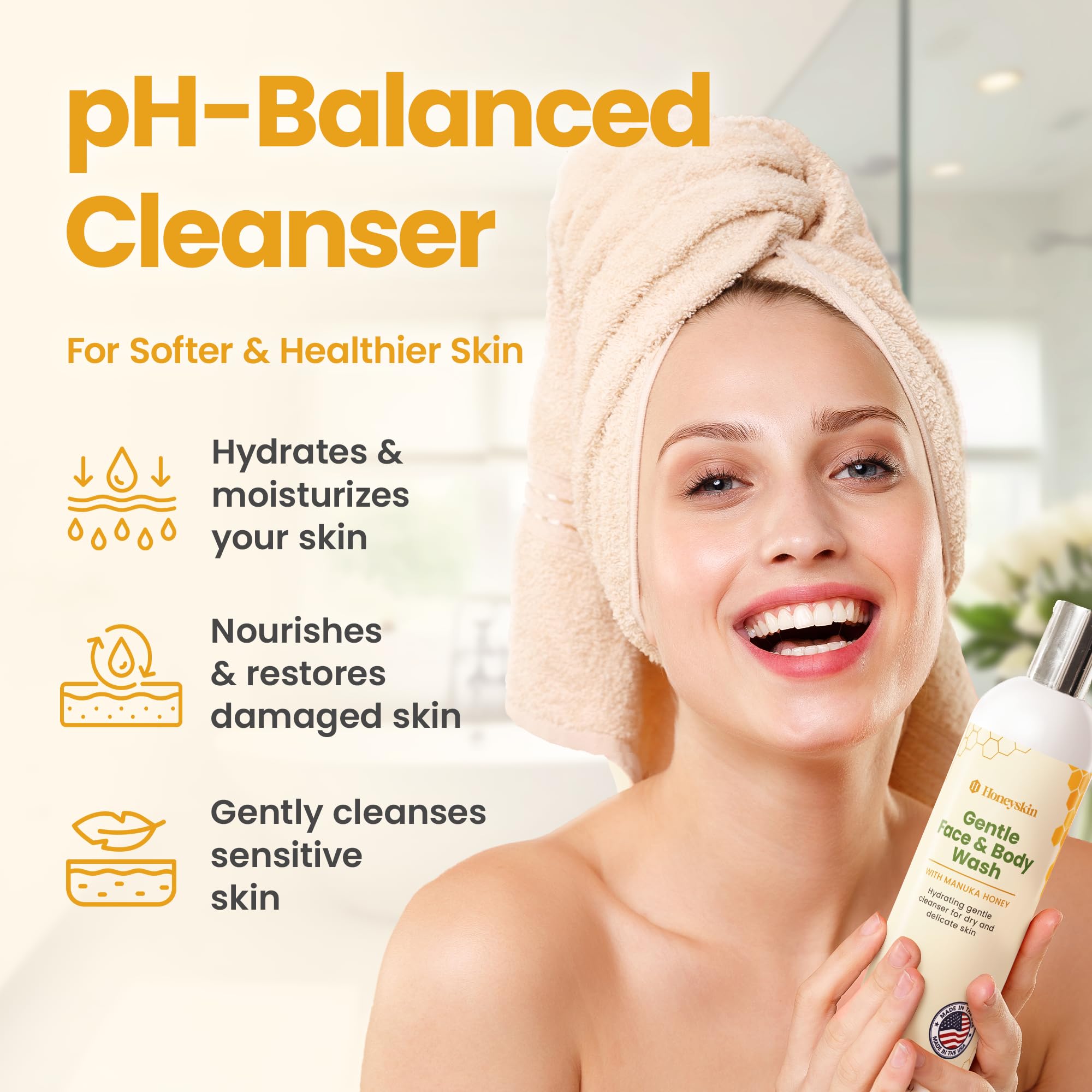 Honeyskin fragrance-free formula bottle shown for fragrance-sensitive skin.