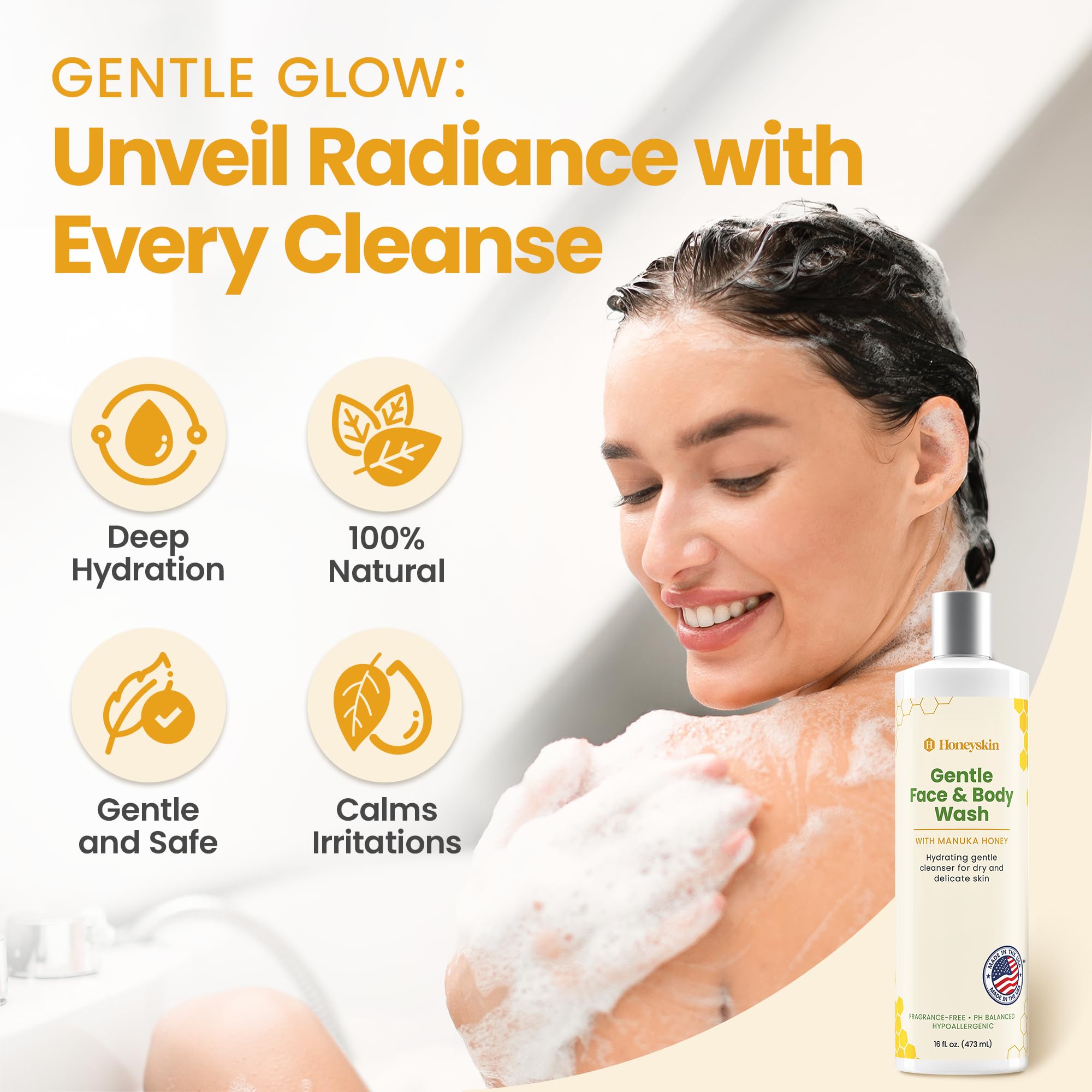 Honeyskin in-shower pump with hydration droplets, suggesting an extra hydration boost.