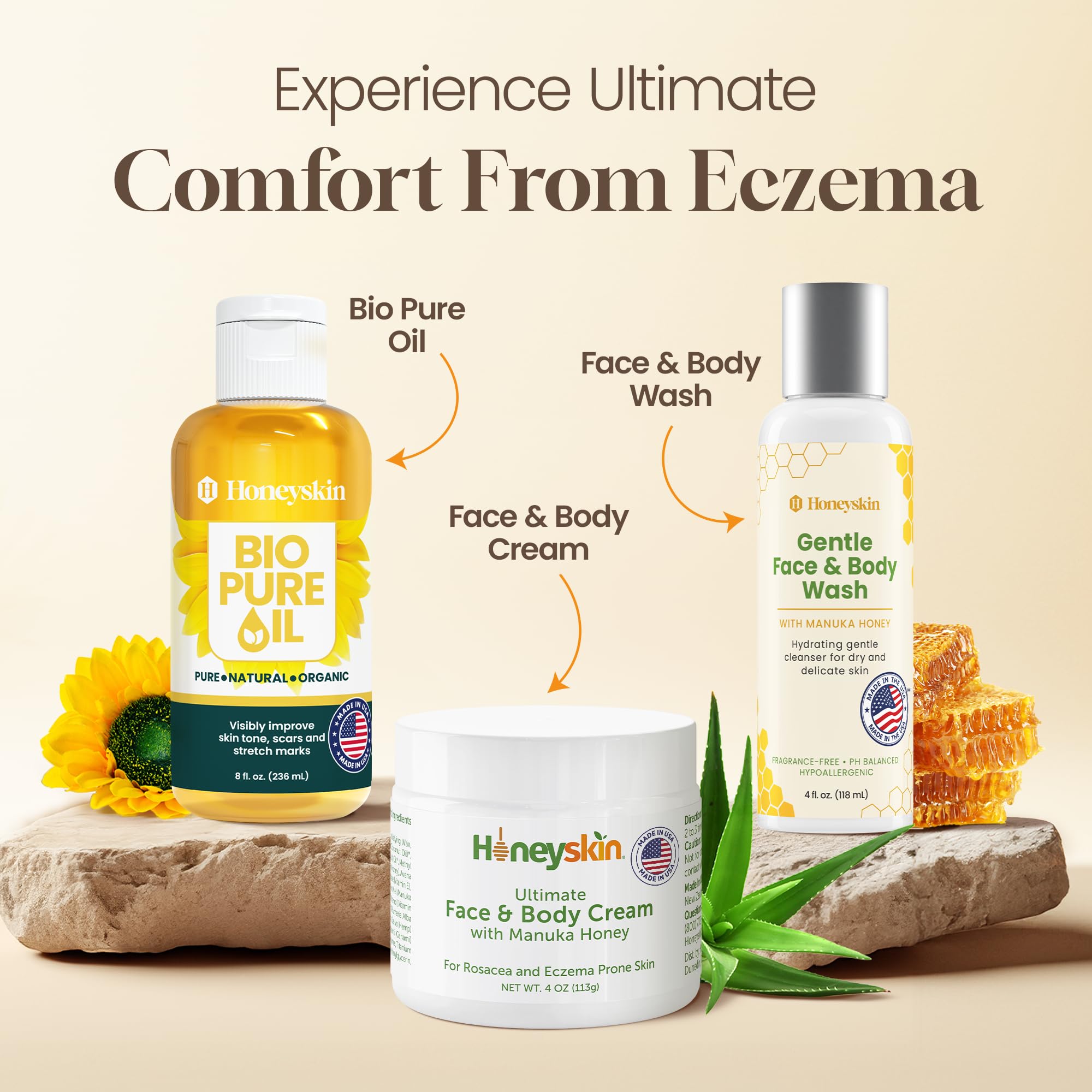 Honeyskin packaging photo emphasizes USA-made quality and clean formulation.