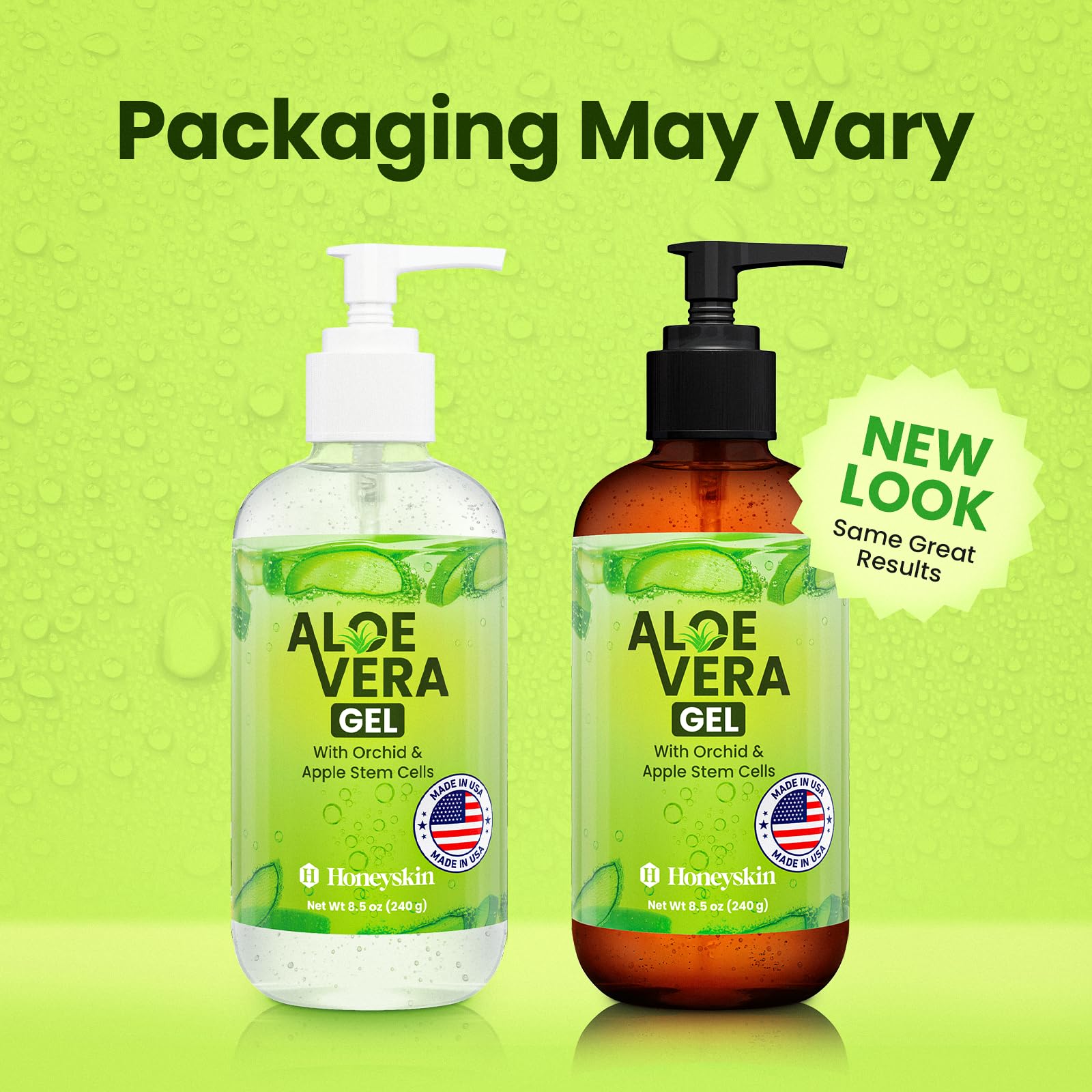 Honeyskin Soothing Aloe Vera Gel made in USA label on bottle