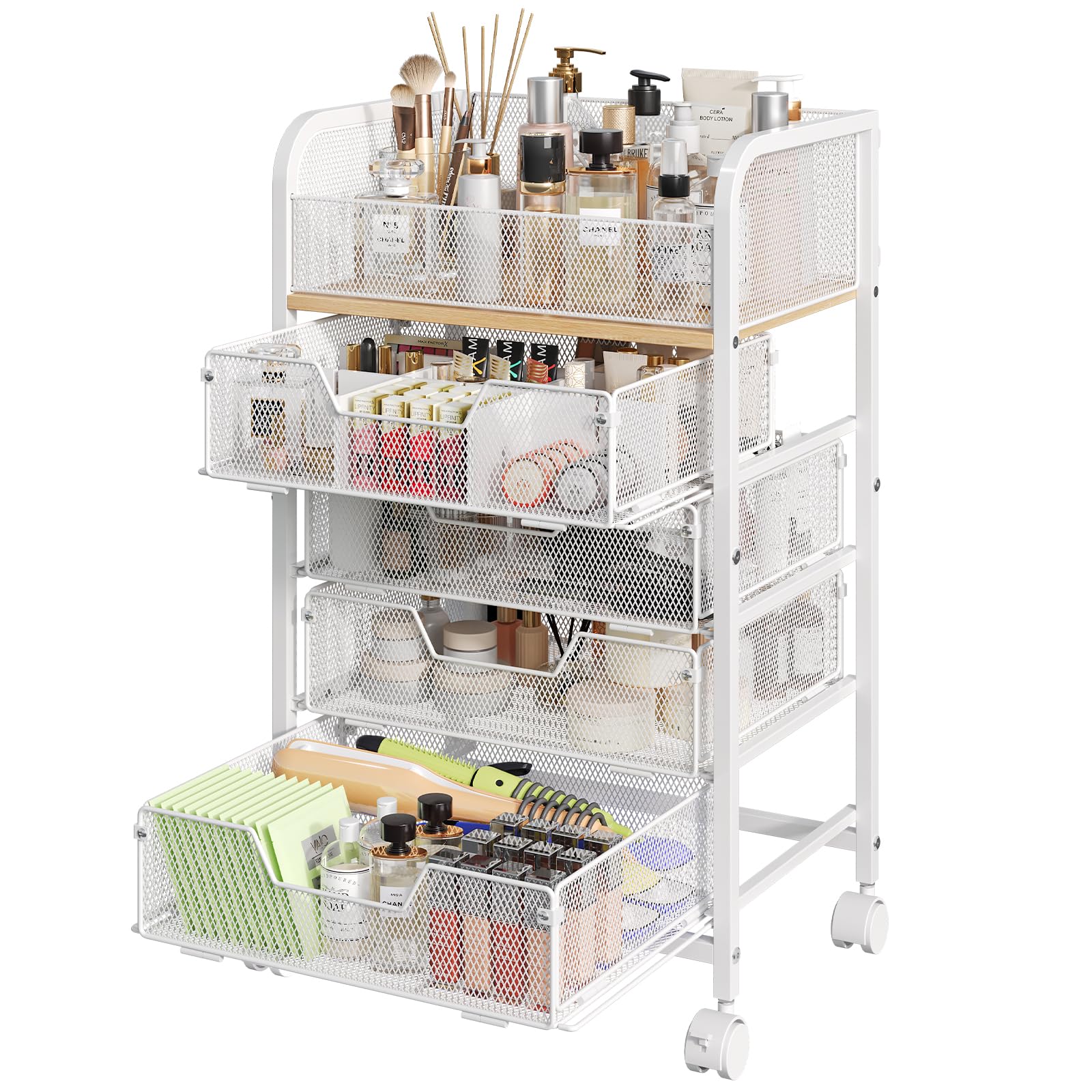 Hongtamoya makeup cart overview showing four drawers and open top display for easy cosmetics access.