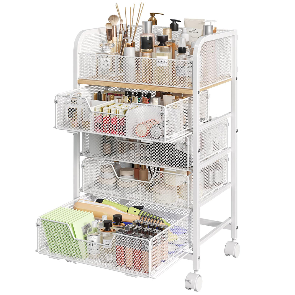 Hongtamoya makeup cart overview showing four drawers and open top display for easy cosmetics access.