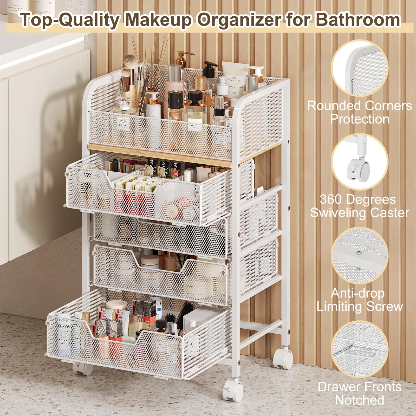 Hongtamoya makeup cart size 16.5 by 11.4 by 27.4 inches fits vanity spaces.