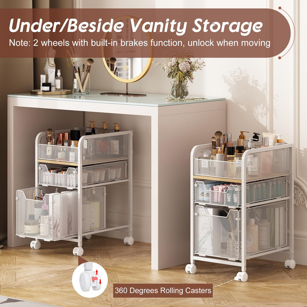 Hongtamoya rolling makeup cart drawer divider detail highlights flexible customization for items of different sizes.