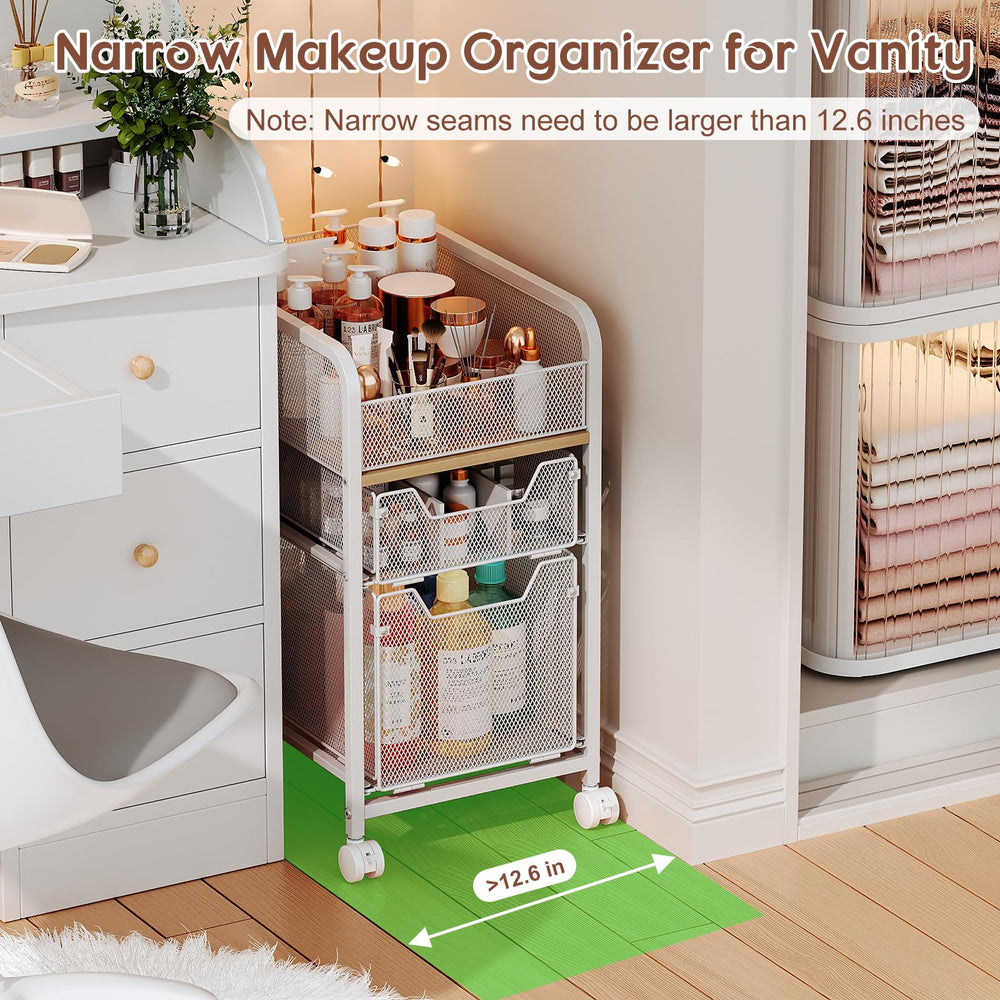 Hongtamoya rolling makeup cart side drawer open demonstrates categorized storage for lipsticks and polishes.