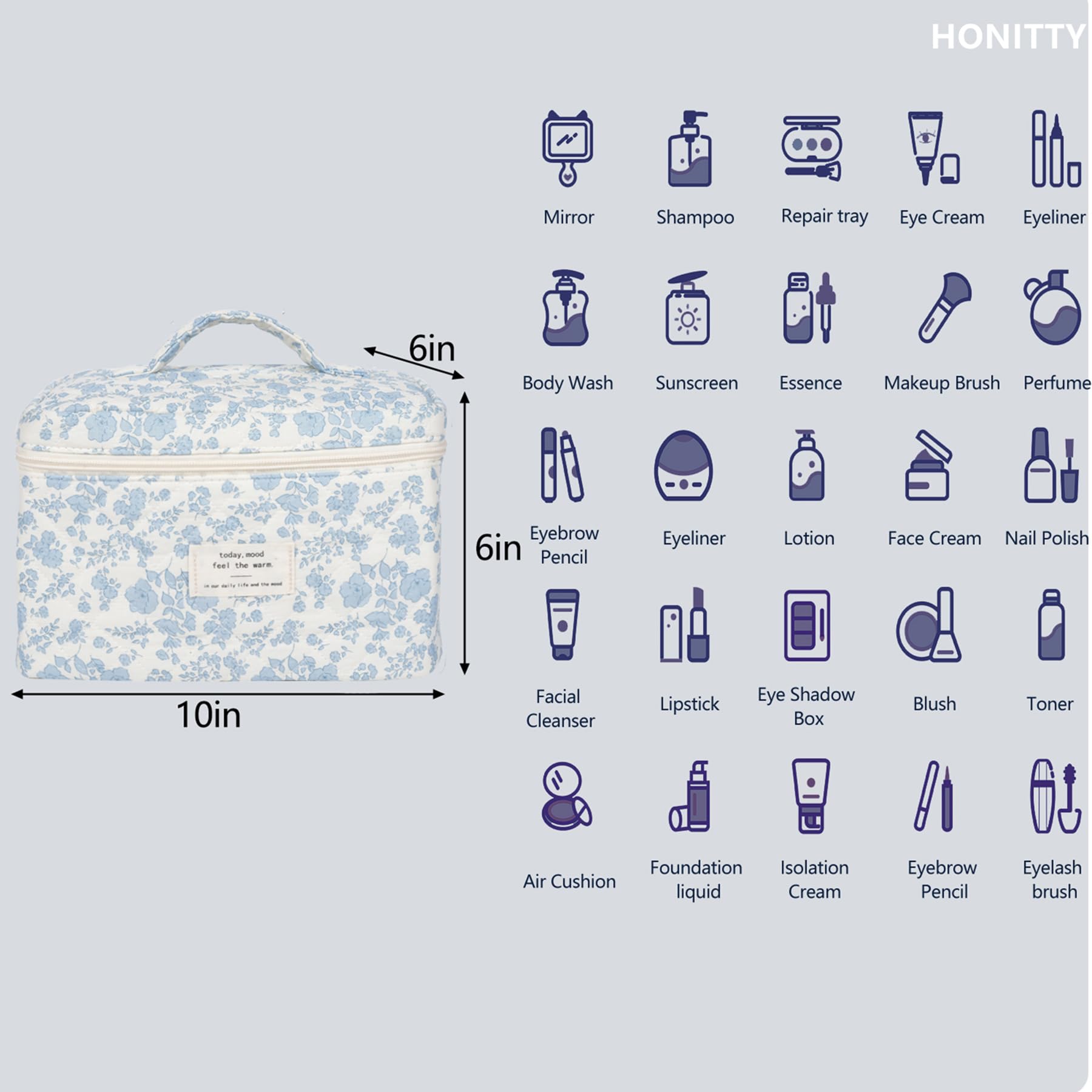 Honitty cosmetic bag sized 10x6x6 inches holds skincare and makeup essentials while traveling