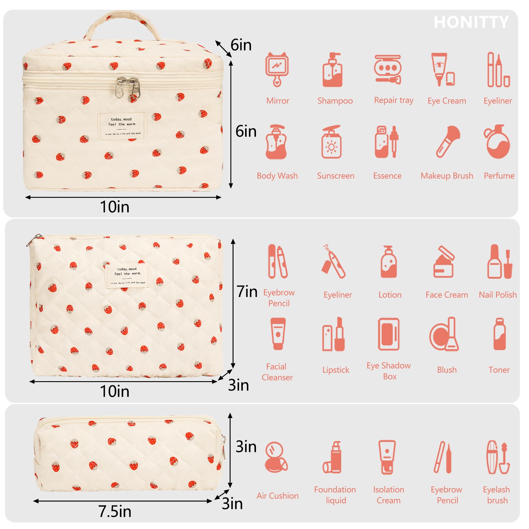 honitty cosmetic bags travel set in three sizes for versatile storage