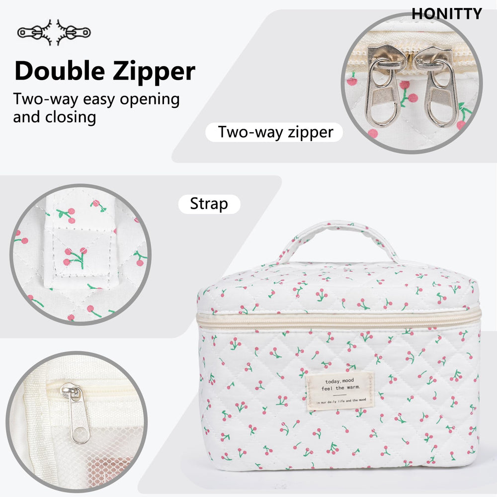 Honitty cotton makeup bag closeup highlights quilting and sturdy stitching.