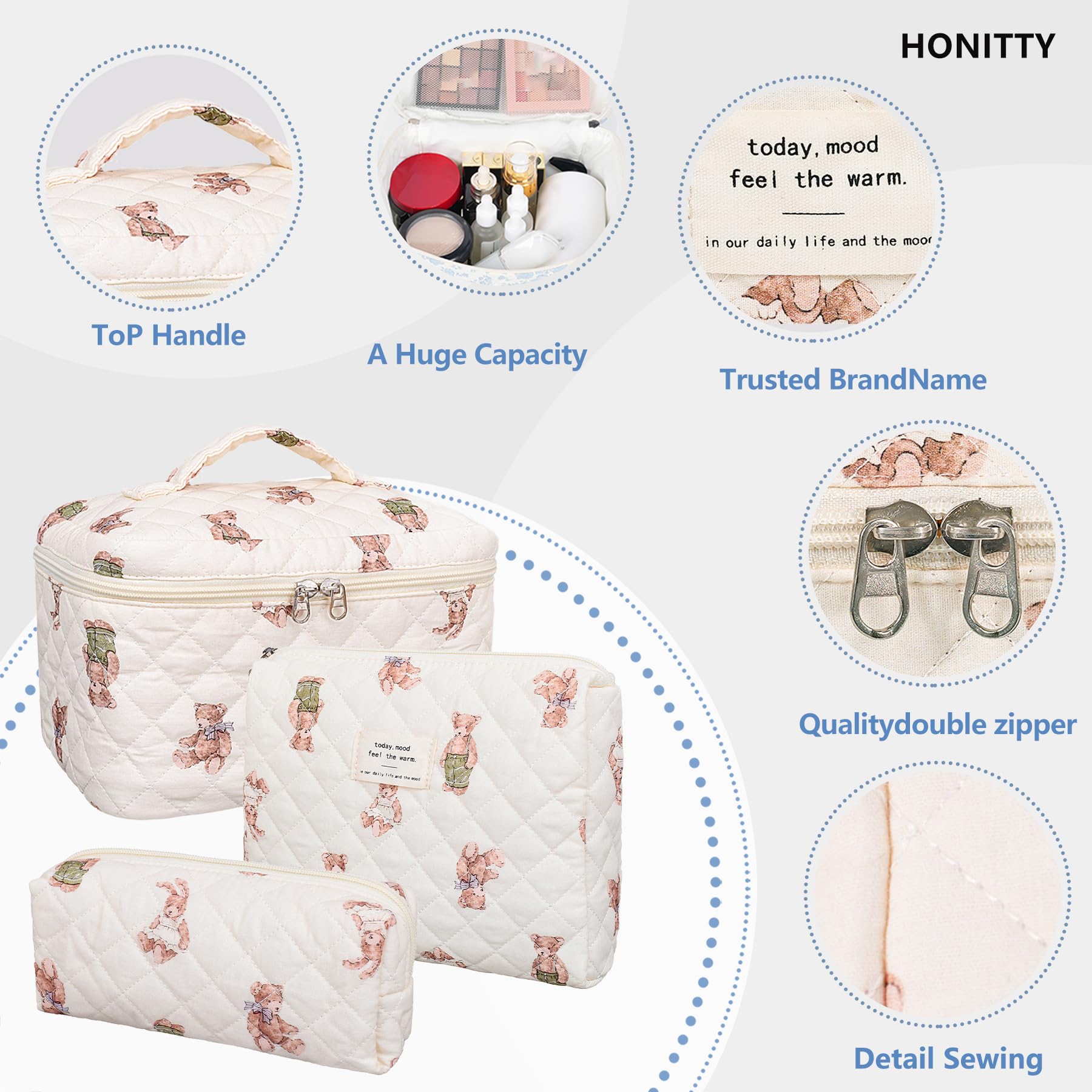 Honitty cotton makeup bag close-up showing soft fabric and quality stitching.