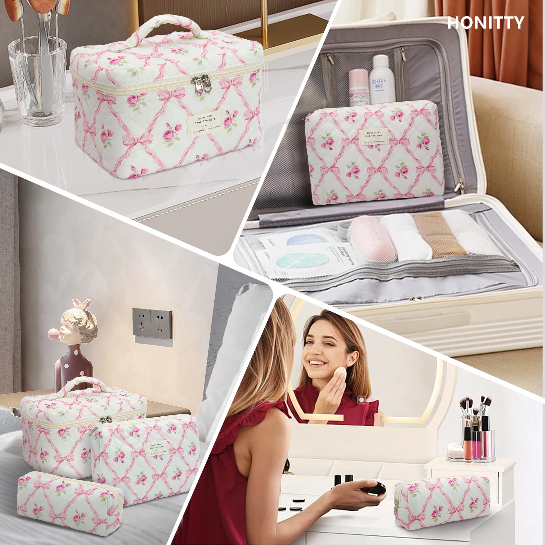 honitty floral makeup bag on dresser is gifting-ready