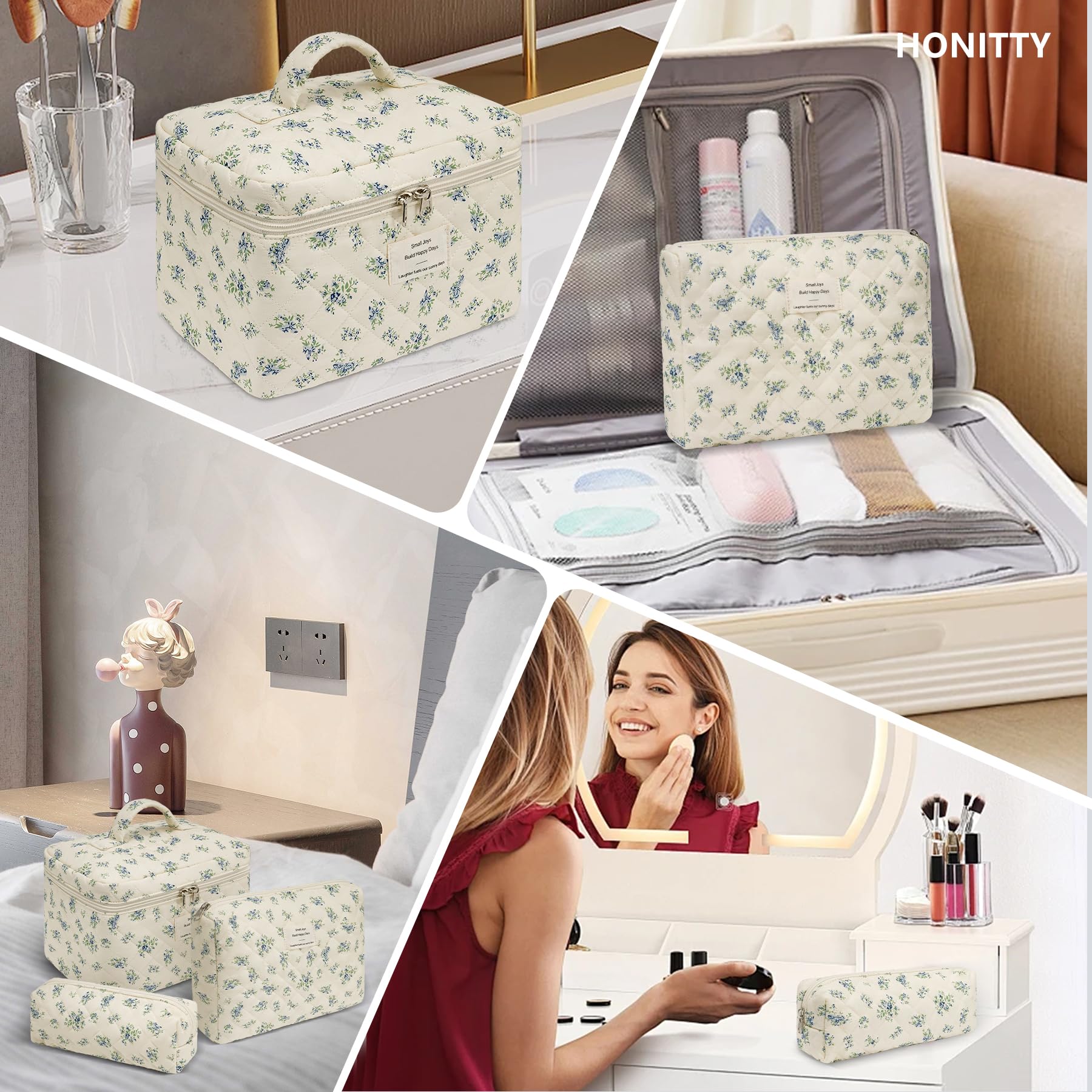 Honitty floral makeup bag stores brushes and skincare on the dresser.
