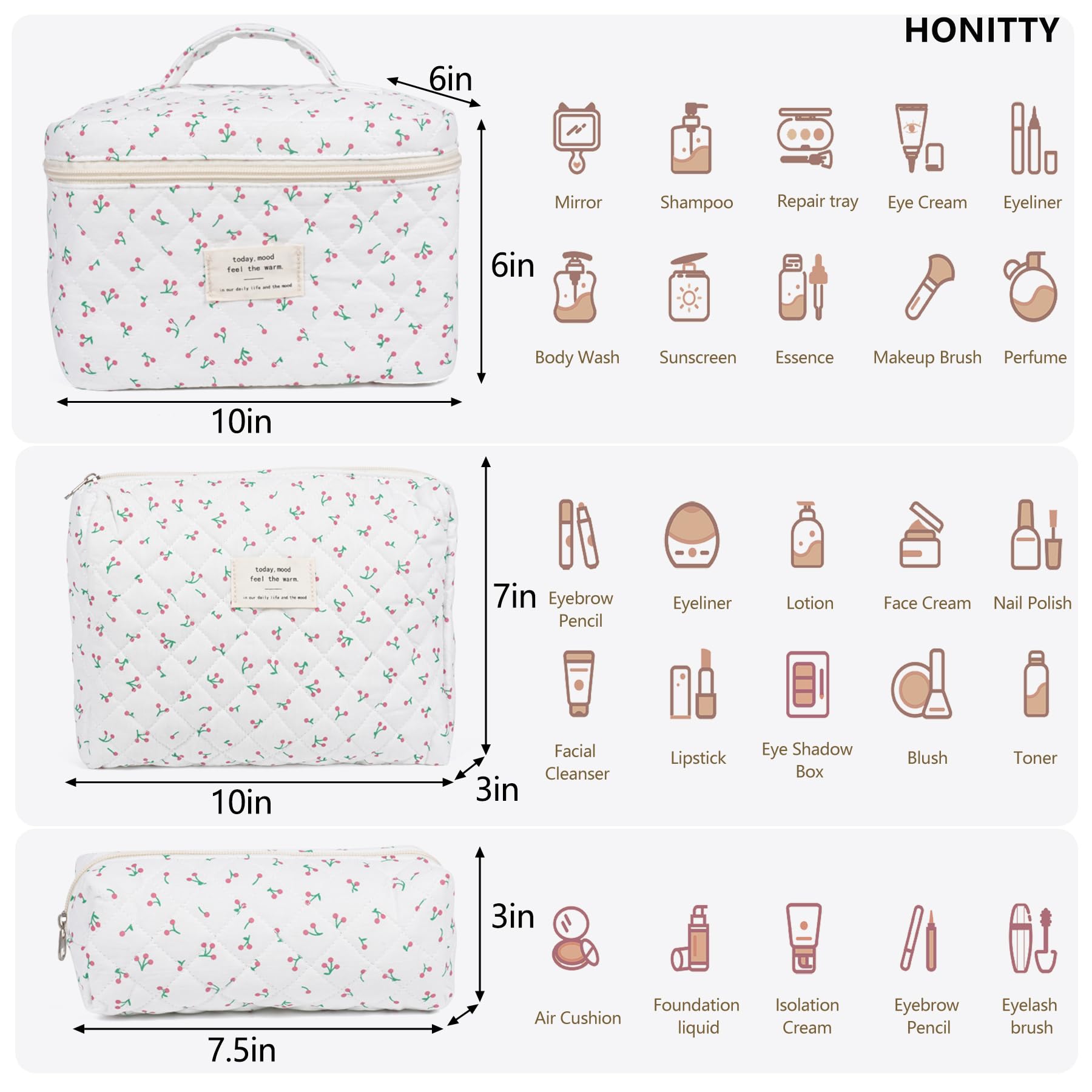 Honitty floral quilted makeup bag side view shows fabric and texture.