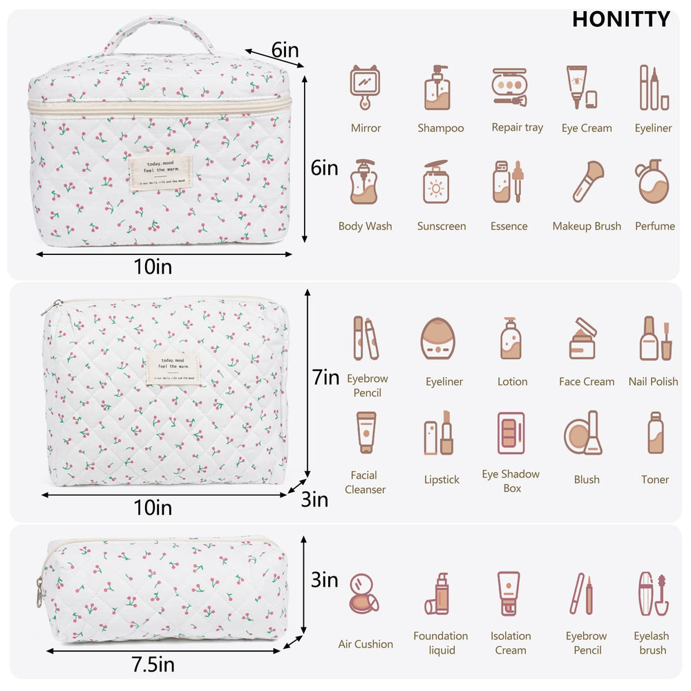 Honitty floral quilted makeup bag side view shows fabric and texture.