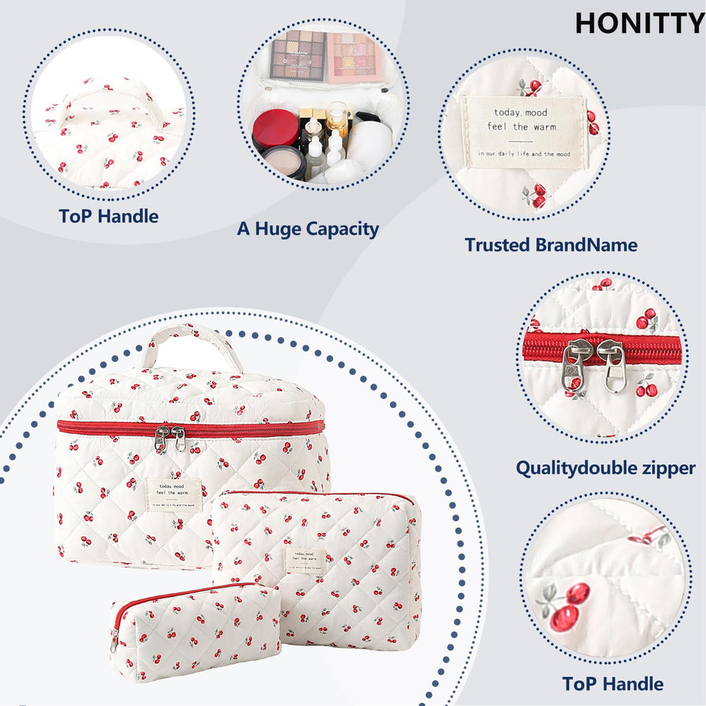 Honitty large floral makeup organizer keeps cosmetics neatly sorted at home.