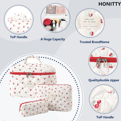 Honitty large floral makeup organizer keeps cosmetics neatly sorted at home.