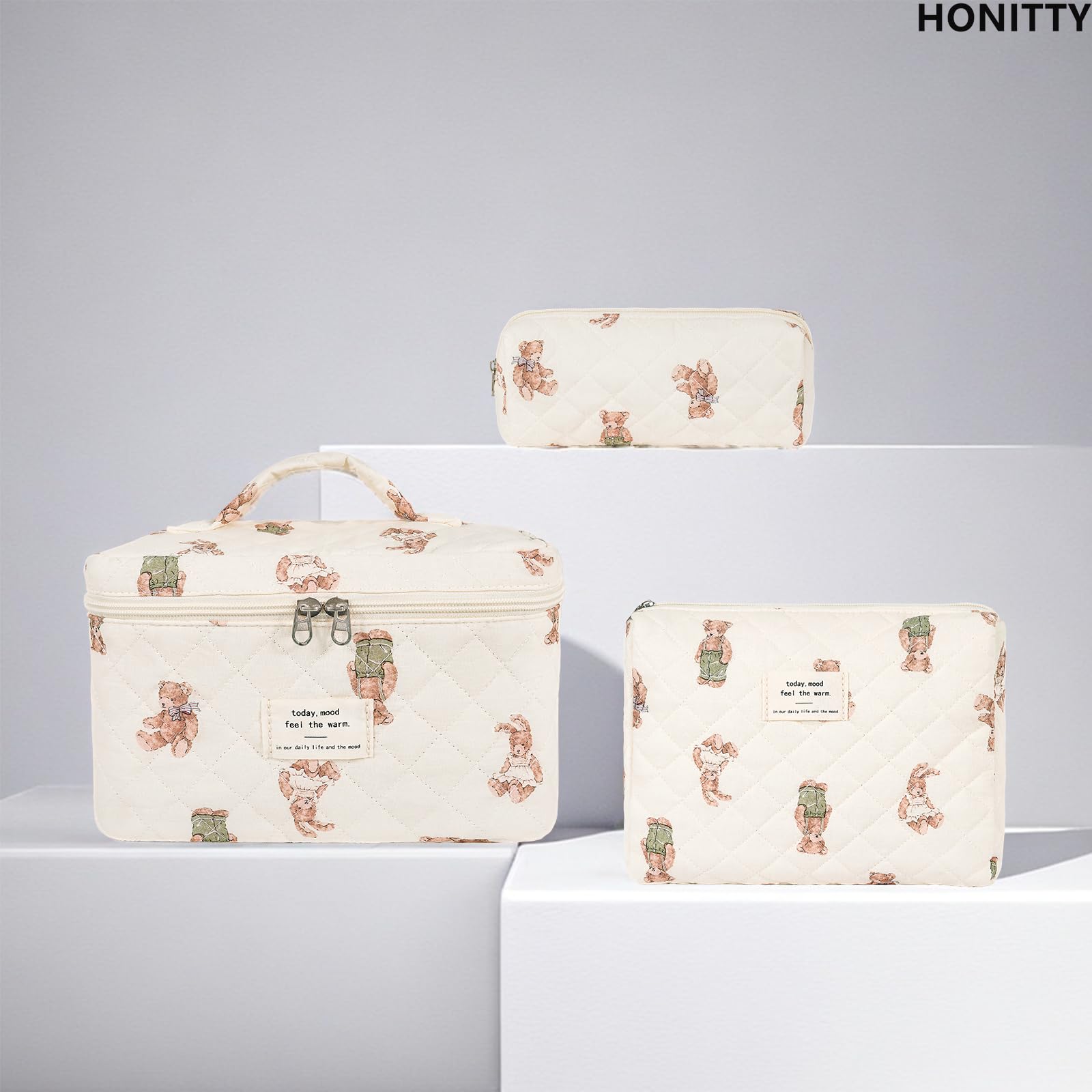 Honitty makeup bag neatly stores cosmetics, brushes, and small accessories.