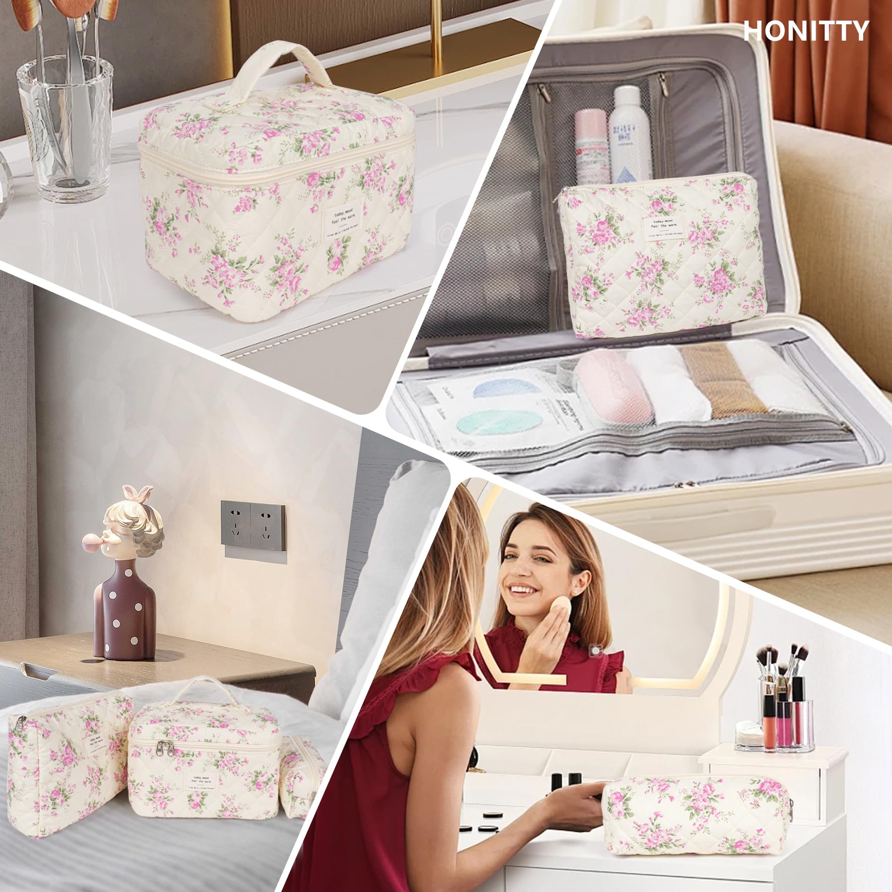 Honitty makeup bag organized on dresser and suitcase for efficient storage