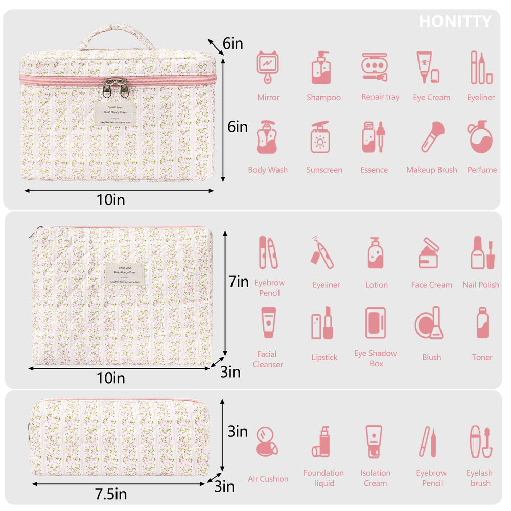 honitty makeup bag quilted floral different sizes helps sort cosmetics and travel essentials