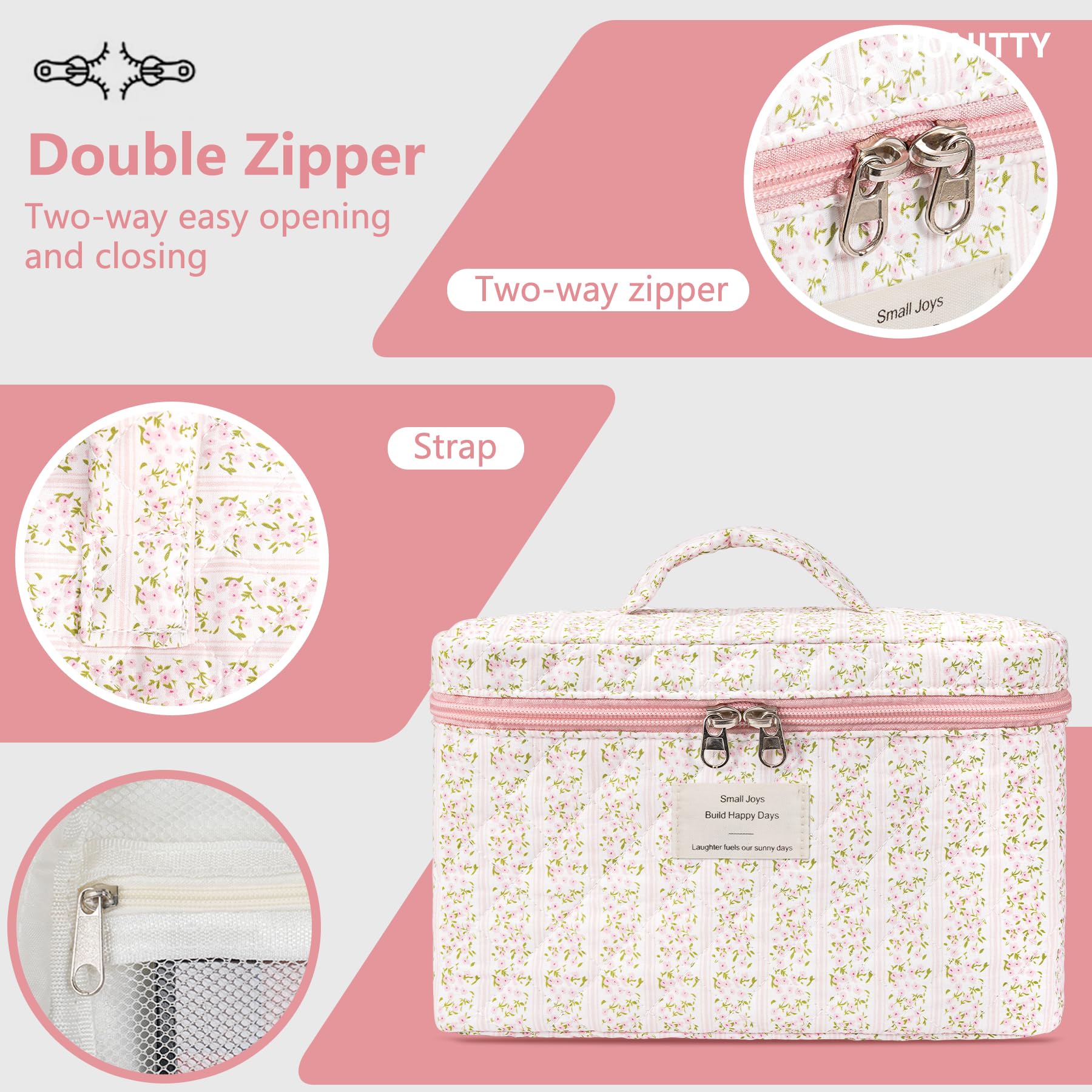 honitty makeup bag quilted floral durable-zip provides smooth access and long-lasting use