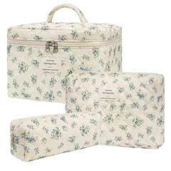 Honitty quilted makeup bag with floral pattern for organized travel storage.