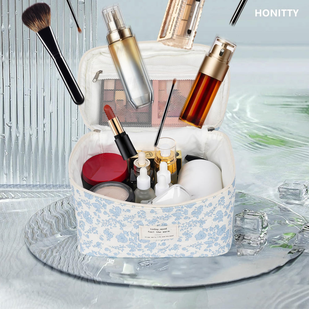 Honitty makeup bag demonstrates versatile storage for skincare, toiletries, brushes, and more