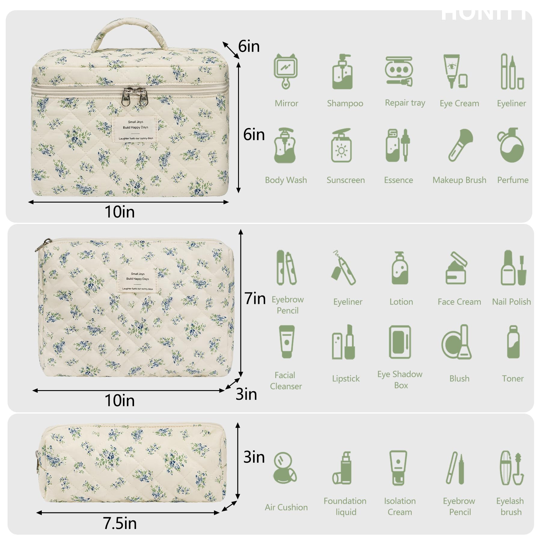 Honitty makeup bag set in large size keeps cosmetics neatly sorted.