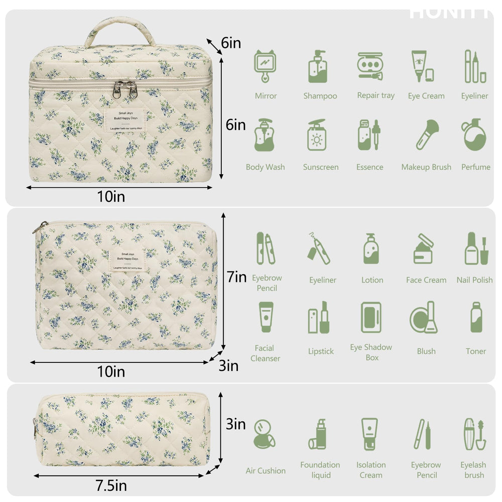 Honitty makeup bag set in large size keeps cosmetics neatly sorted.