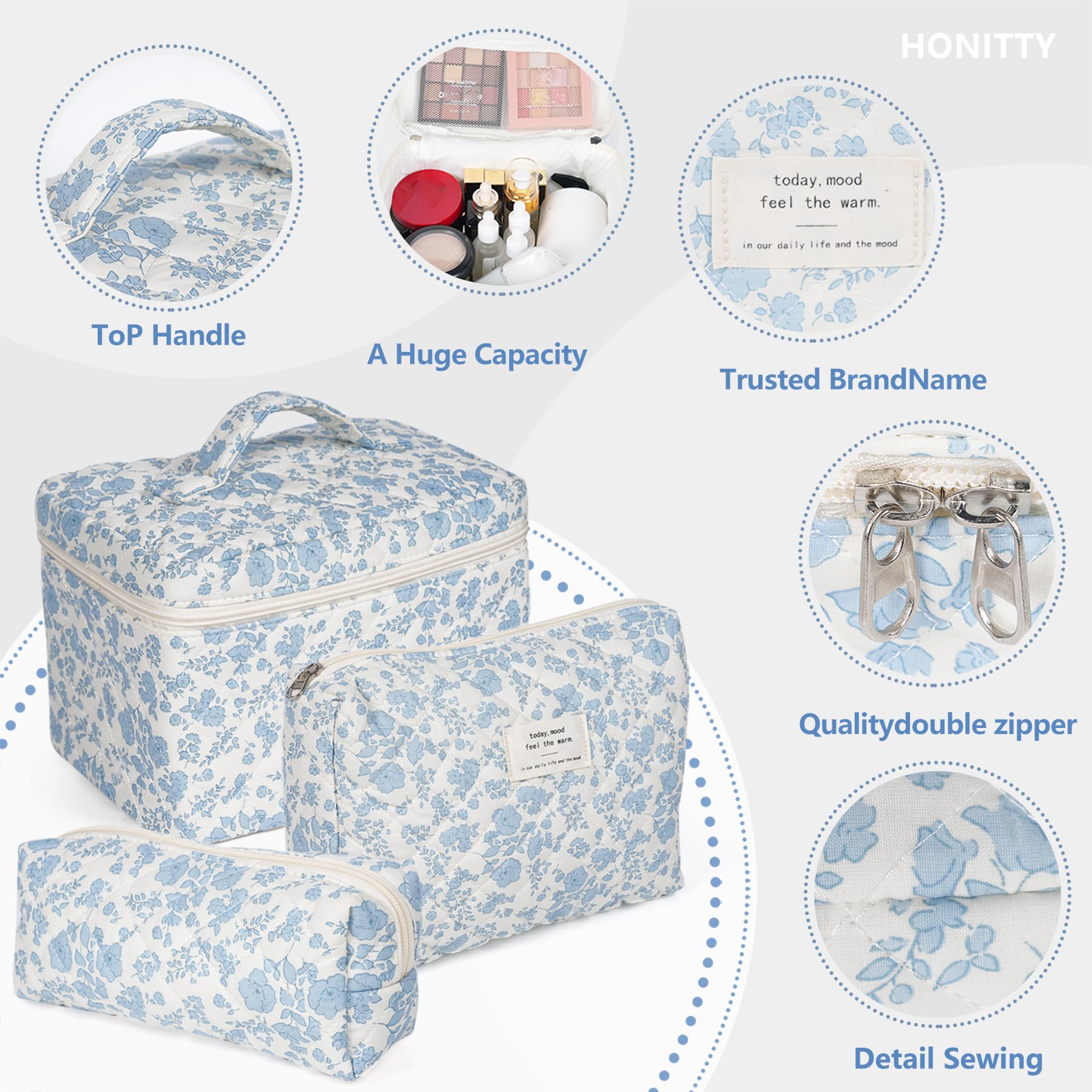 Honitty makeup bag set three sizes for skincare and brushes.