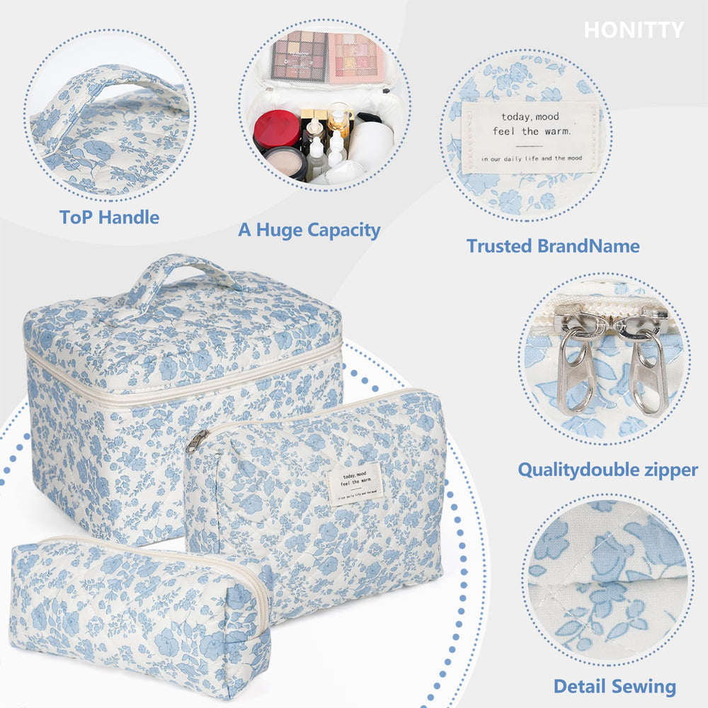 Honitty makeup bag set three sizes for skincare and brushes.