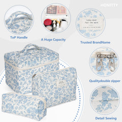 Honitty makeup bag set three sizes for skincare and brushes.