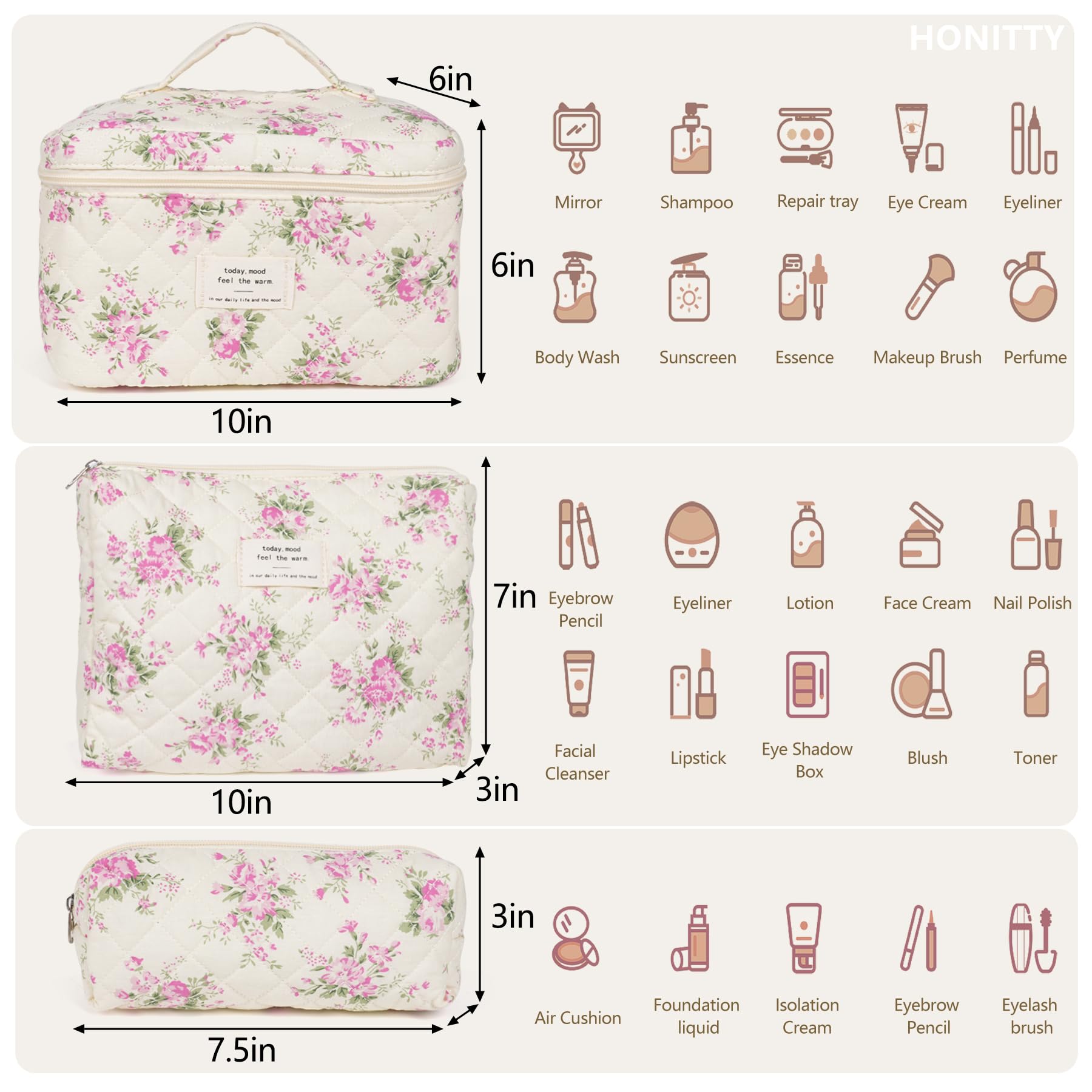 Honitty makeup bag three-piece set offers versatile sizes for travel and home