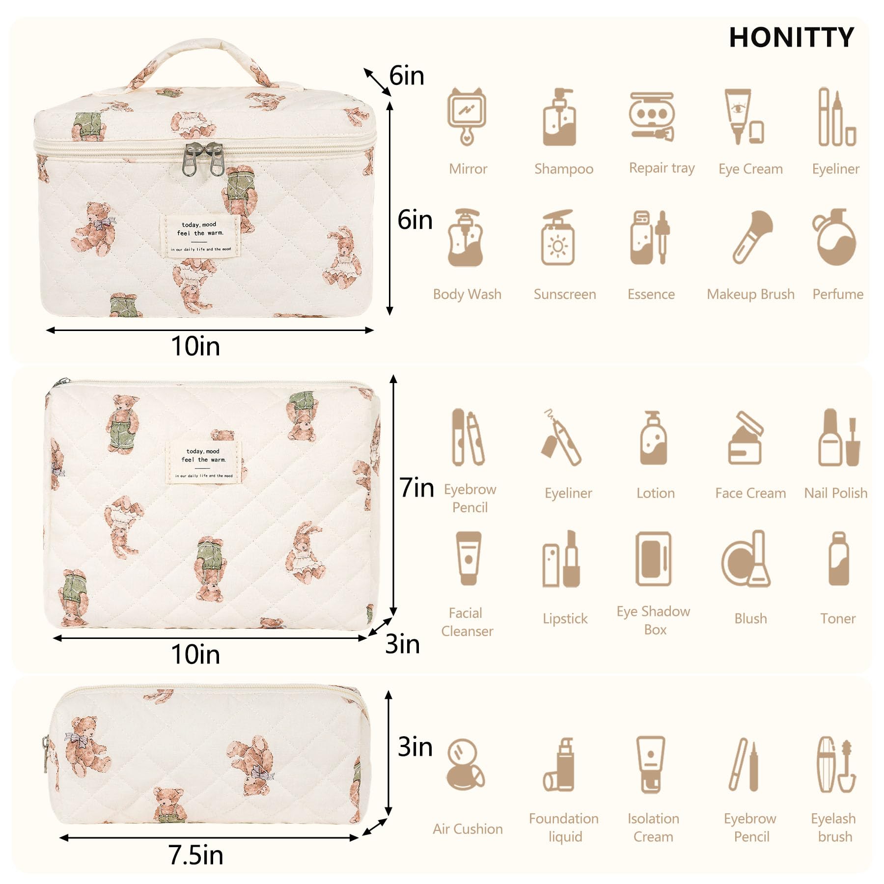 Honitty three-size makeup bag kit arranged for compact travel storage.