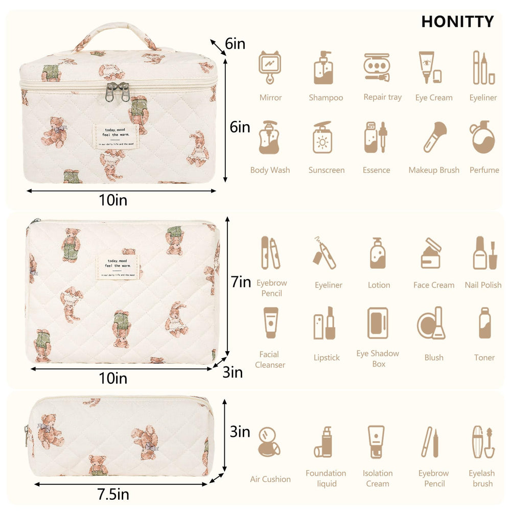 Honitty three-size makeup bag kit arranged for compact travel storage.