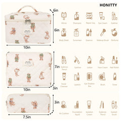 Honitty three-size makeup bag kit arranged for compact travel storage.