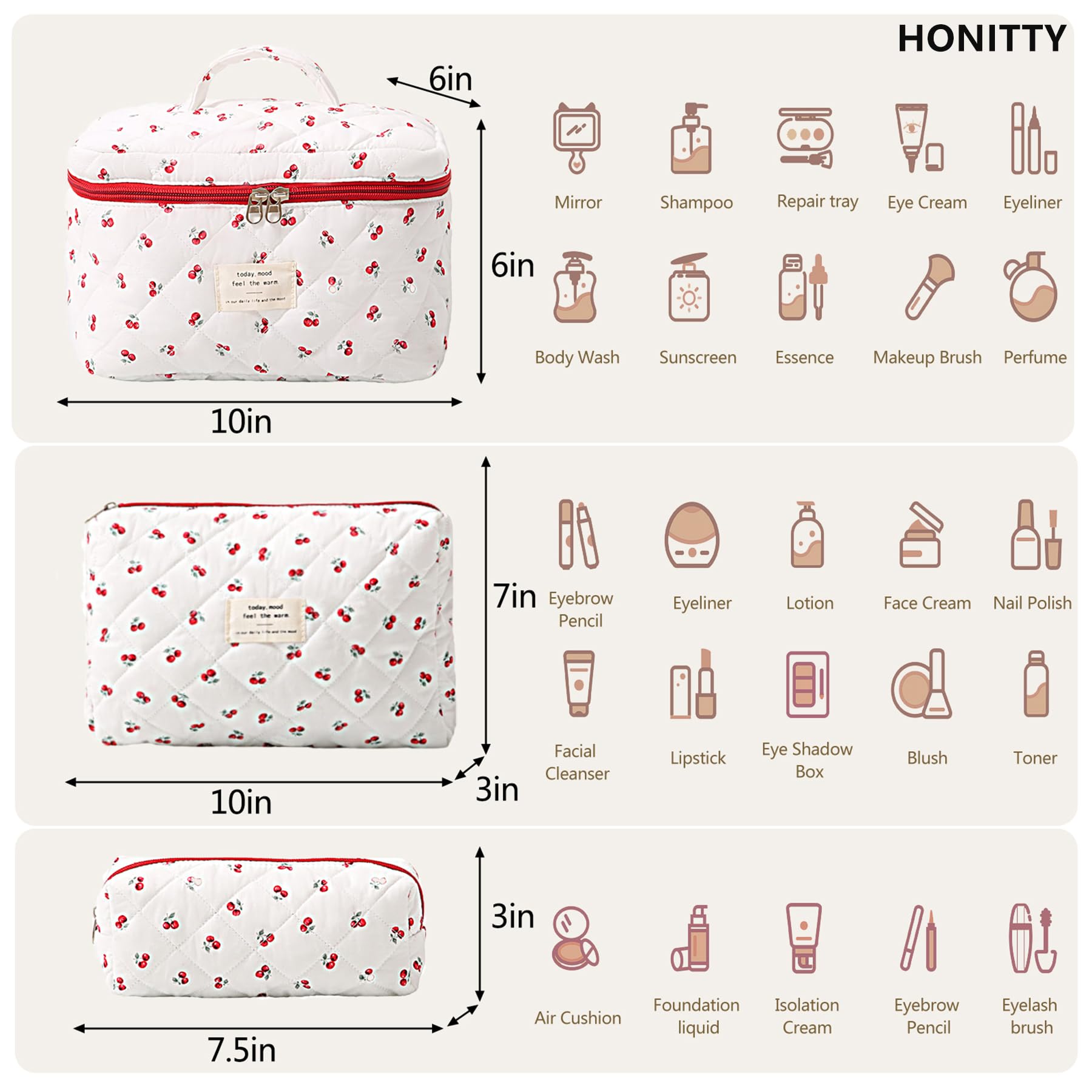 Honitty quilted cosmetic bags travel-sized for lightweight packing.
