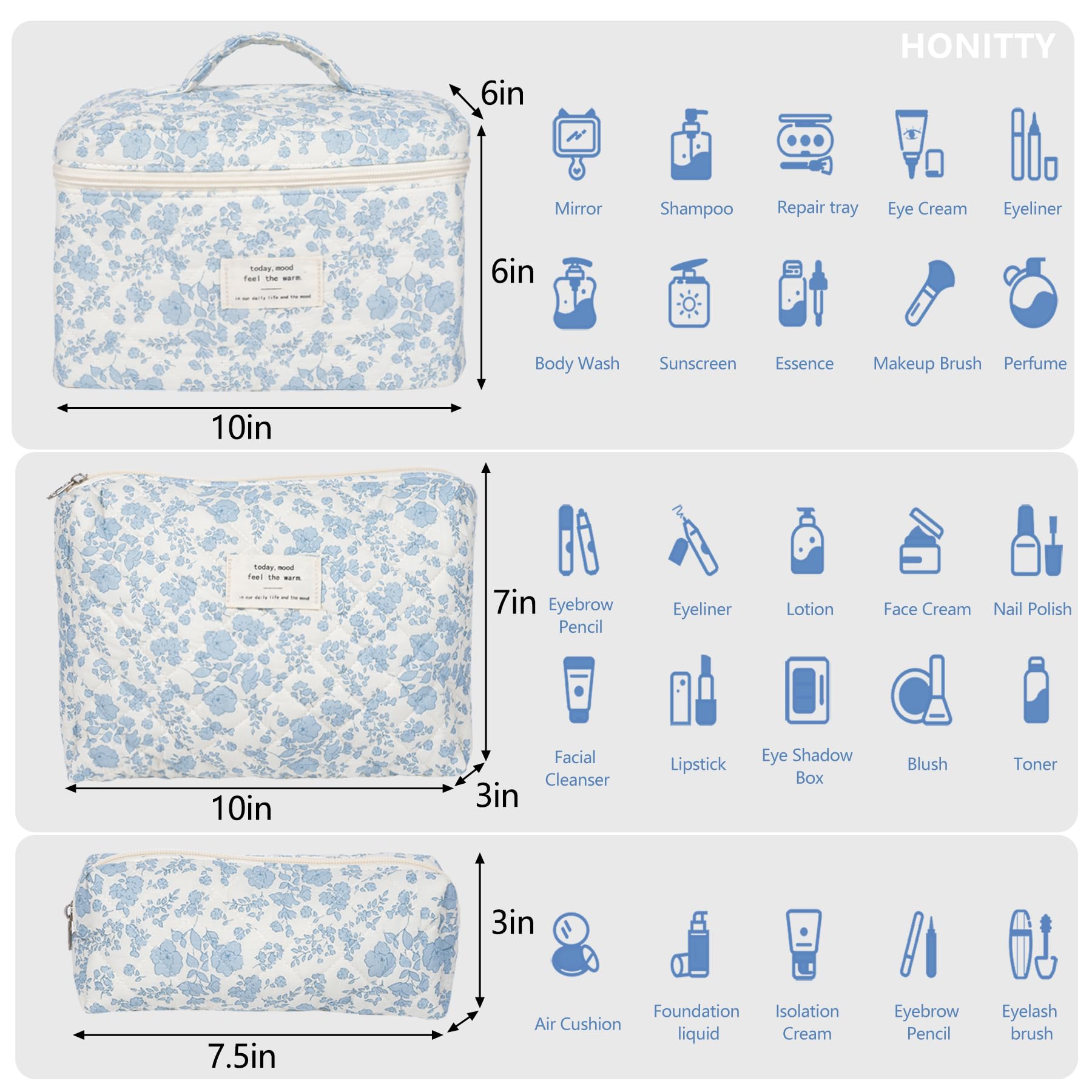 Honitty quilted floral makeup bag 02 for stylish on-the-go storage.