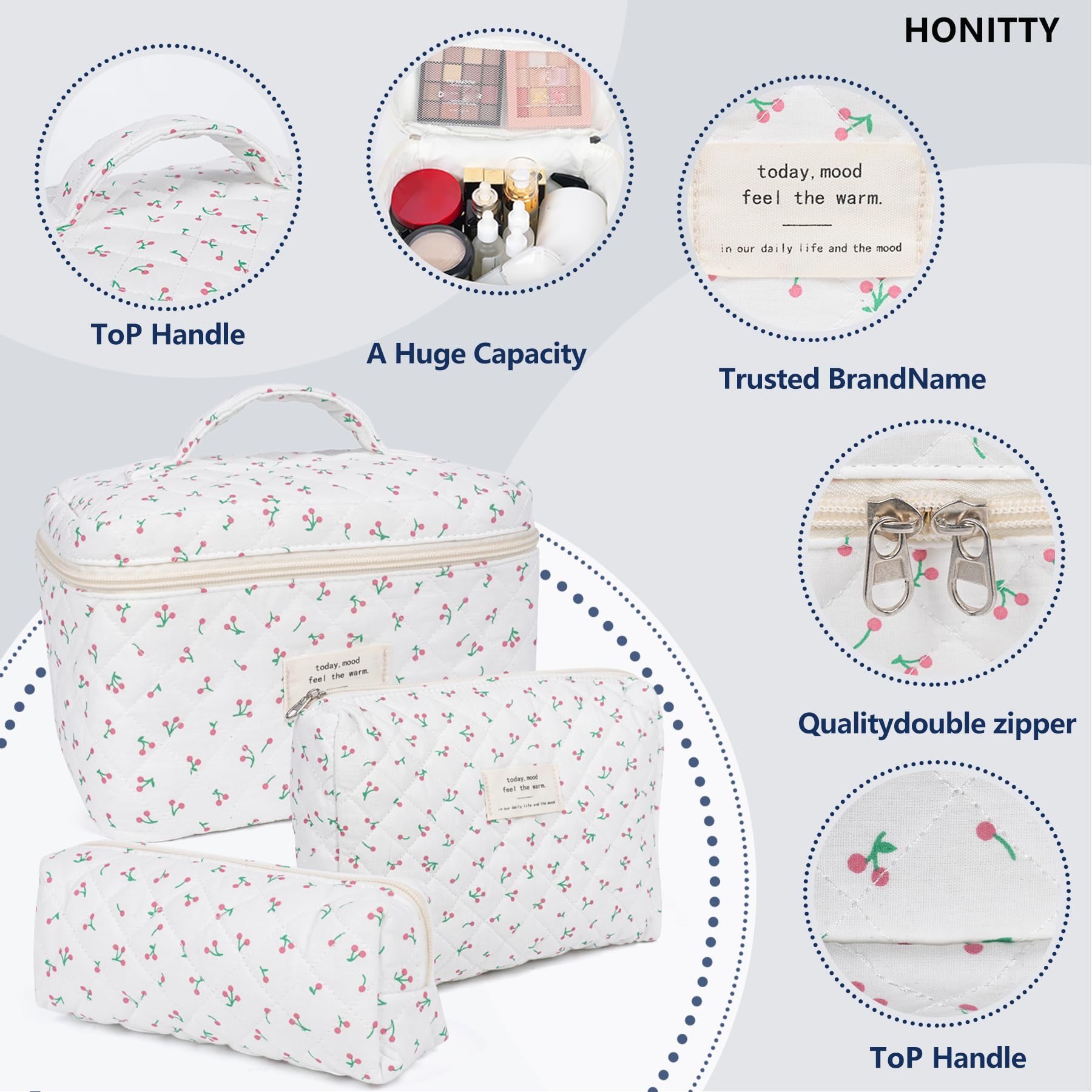 Honitty three-piece set opened reveals three convenient sizes.