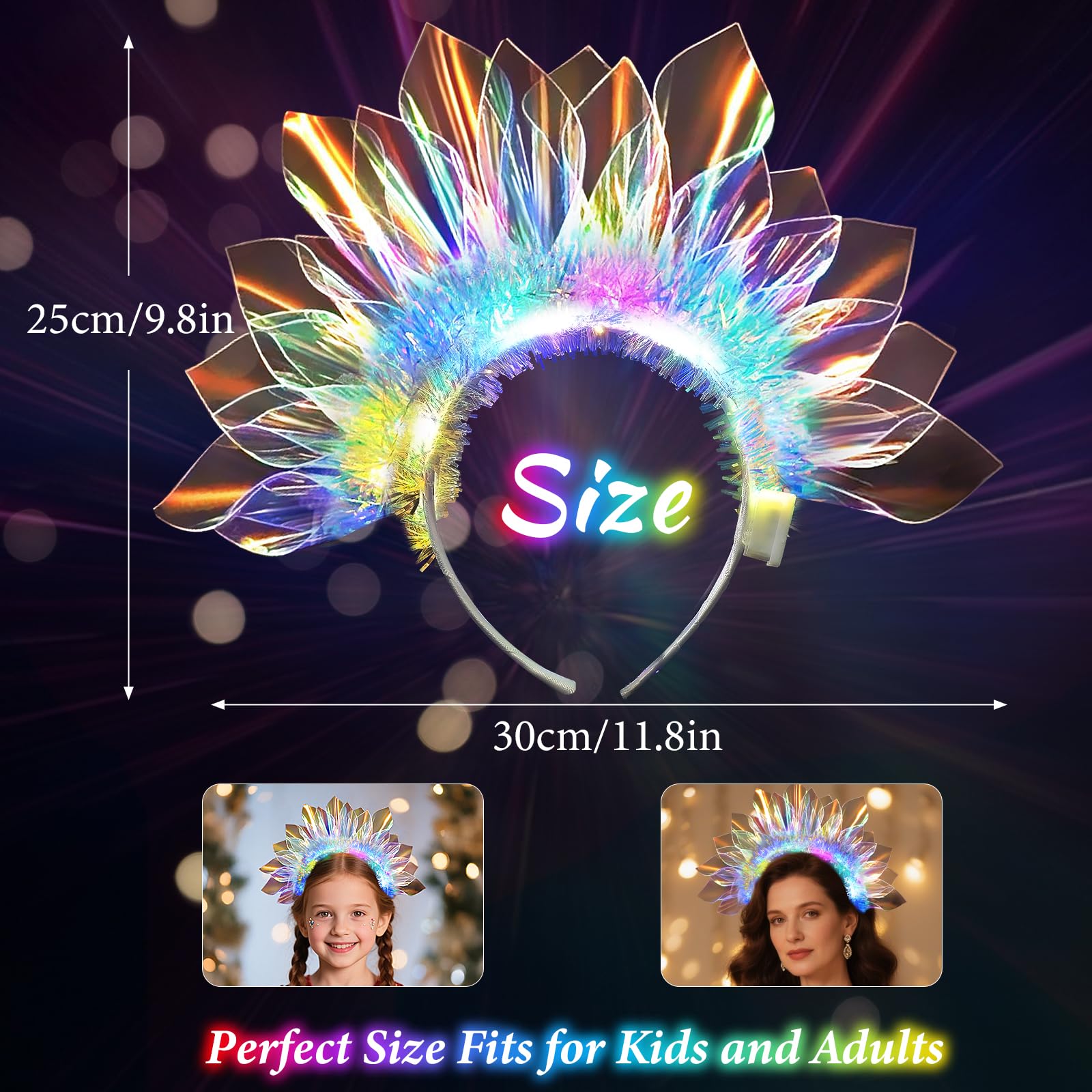 HONLYNE LED Headband demonstrating 3 lighting modes for versatile looks.