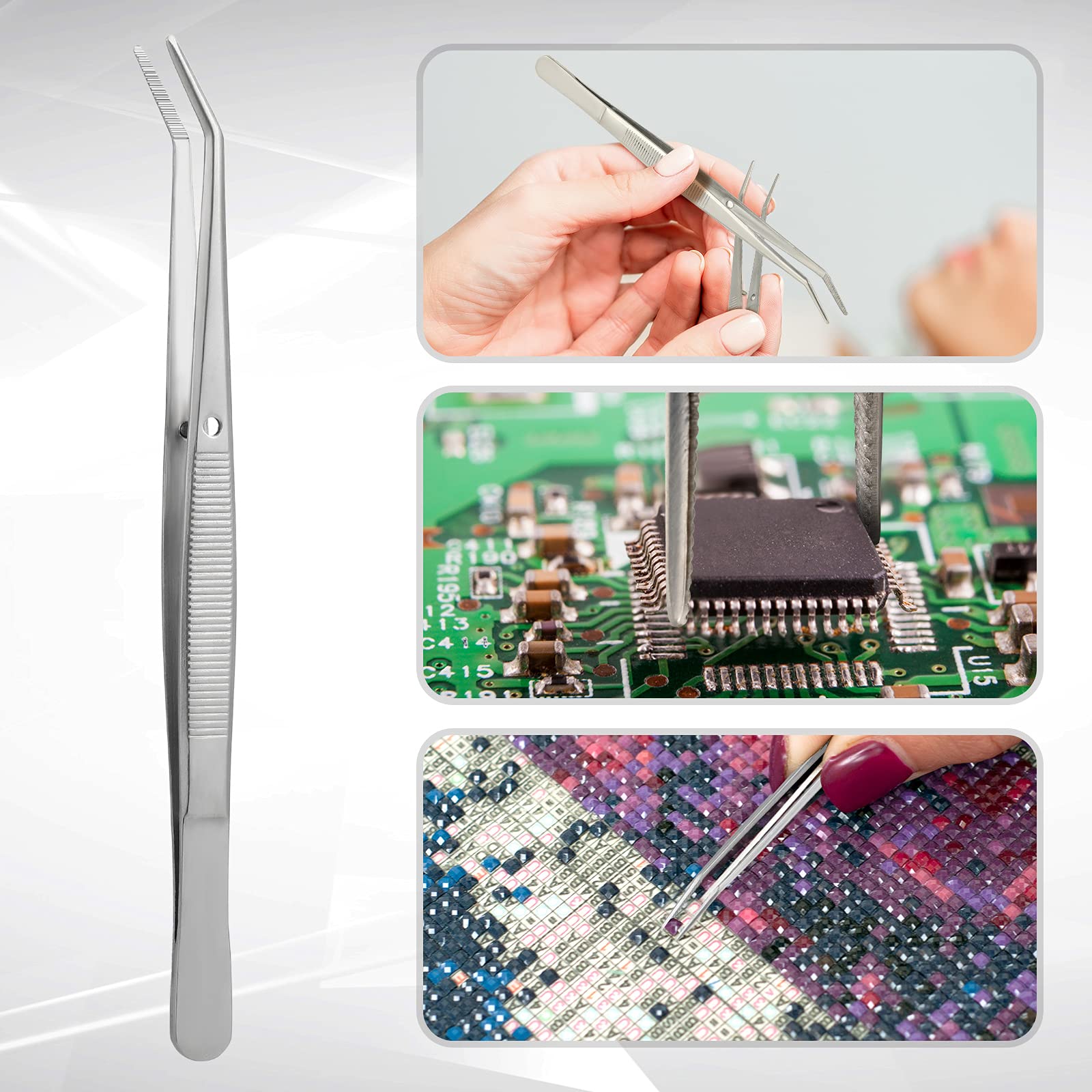 Honoson stainless steel tweezers closeup with knurled handle for a secure grip during delicate tasks.