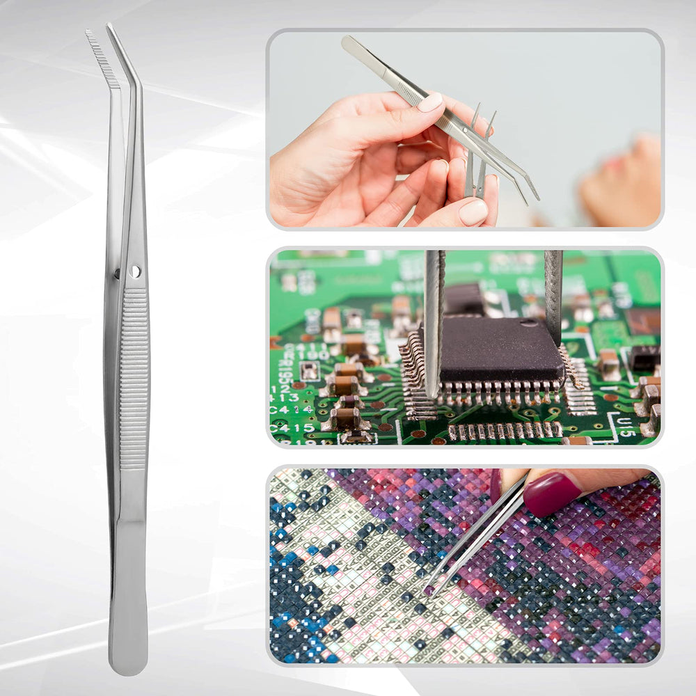 Honoson stainless steel tweezers closeup with knurled handle for a secure grip during delicate tasks.