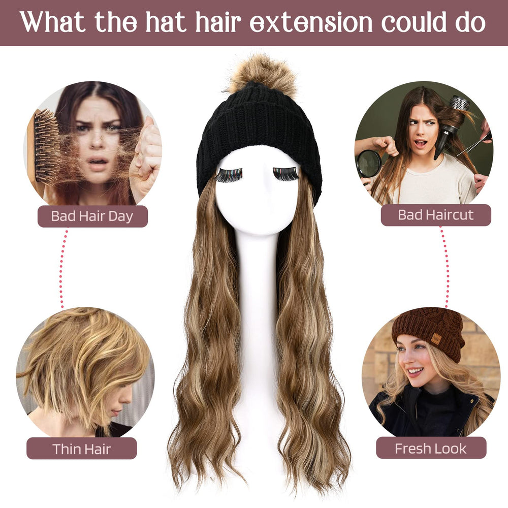 HOOJIH knitted beanie wig hair extension detail shows 18 inch length