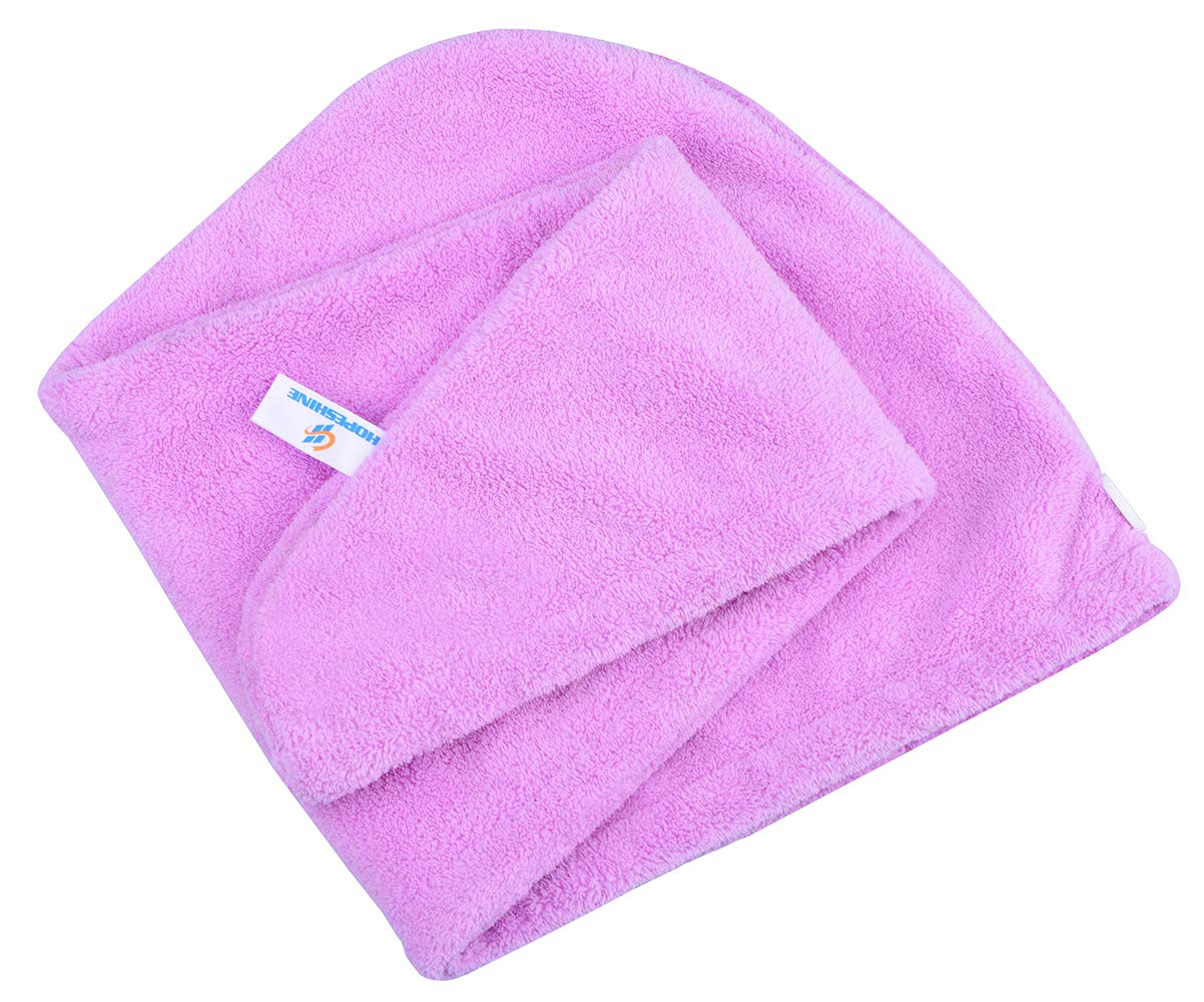 HOPESHINE hair towel twist head-turban on demonstrates secure fit while drying