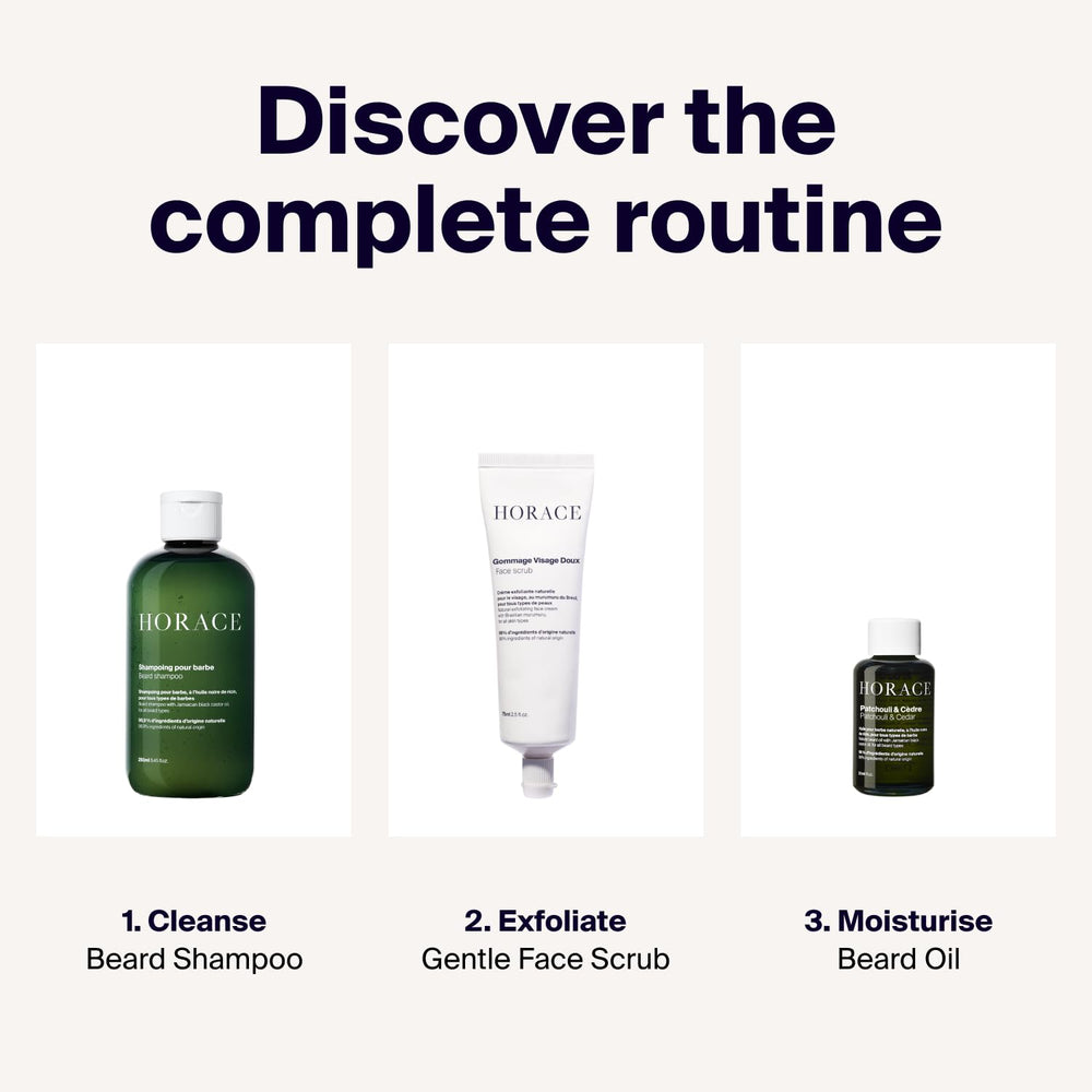 HORACE beard shampoo woody aromatic scent shown in use.