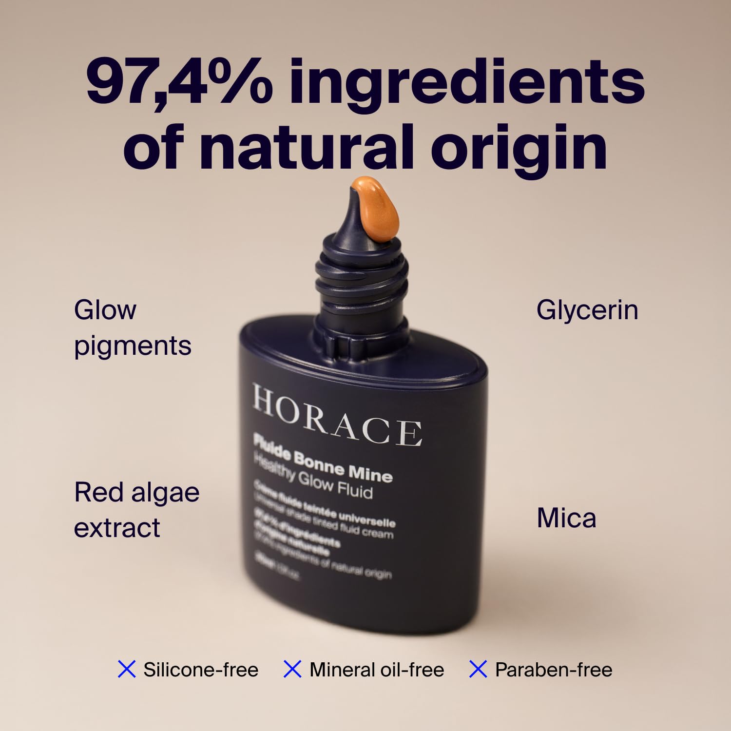 HORACE Healthy Glow Fluid close-up highlights red algae extract for refined, matte-looking skin.