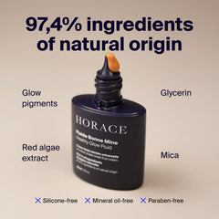 HORACE Healthy Glow Fluid close-up highlights red algae extract for refined, matte-looking skin.