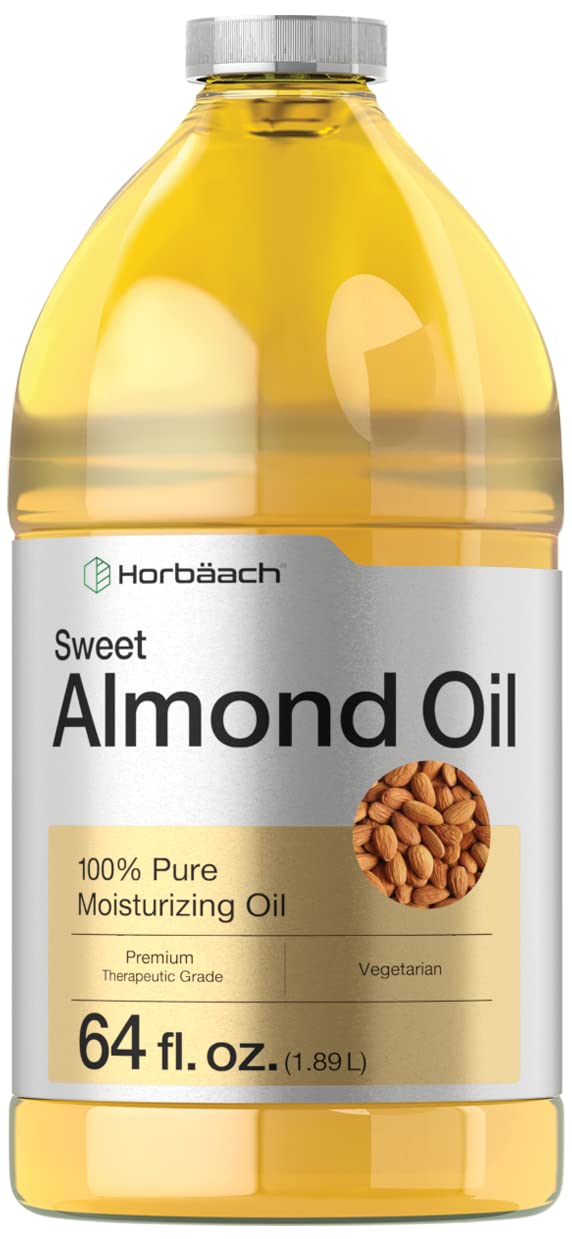 Horbäach Sweet Almond Oil bottle provides rich hydration for skin and hair.