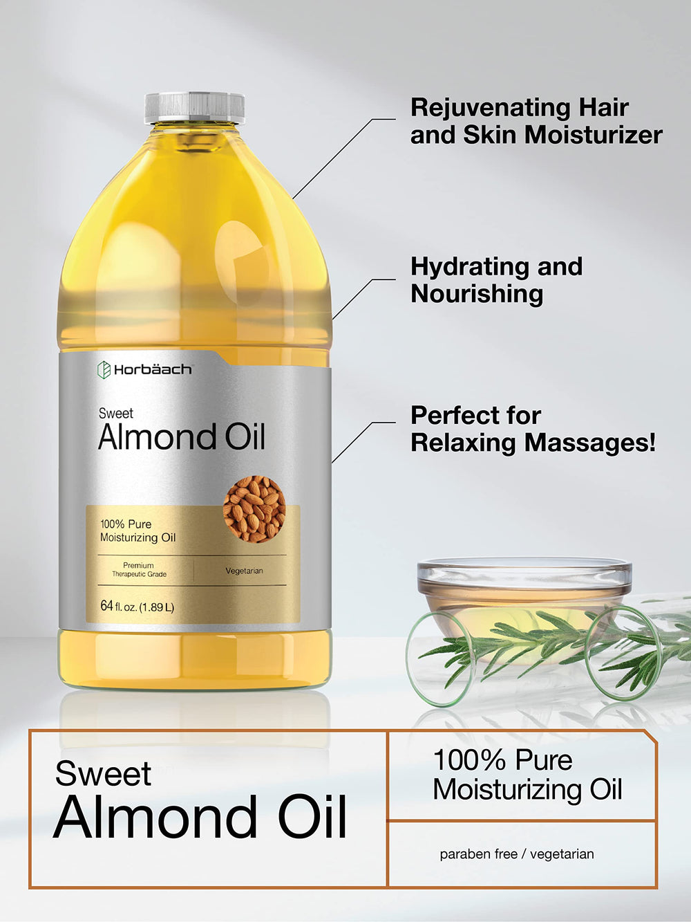 Horbäach Sweet Almond Oil bulk jug offers long-lasting skin and hair care.