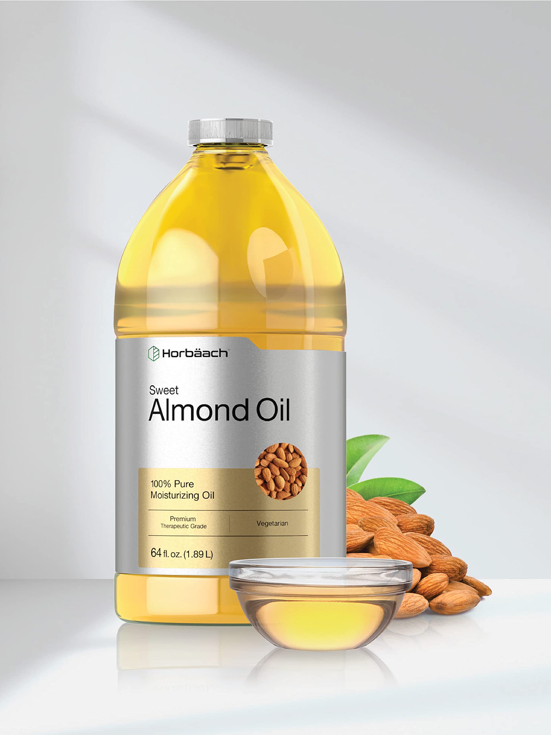 Horbäach Sweet Almond Oil label highlights cold-pressed, hexane-free nourishing oil.