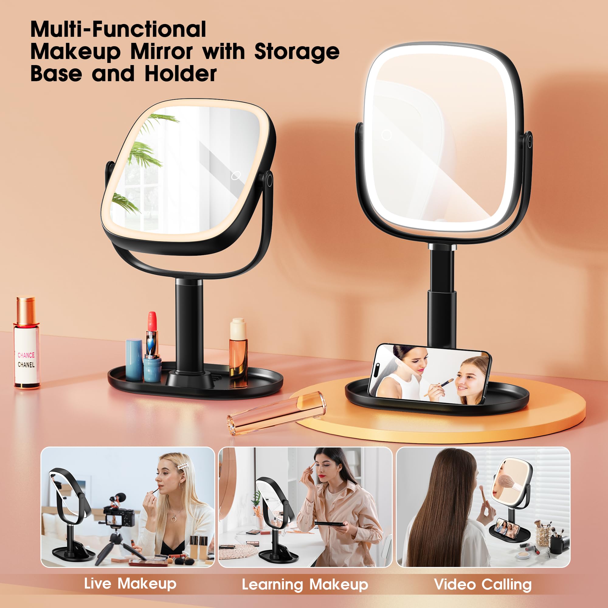 Horyliin makeup mirror with storage and phone stand keeps vanity organized.
